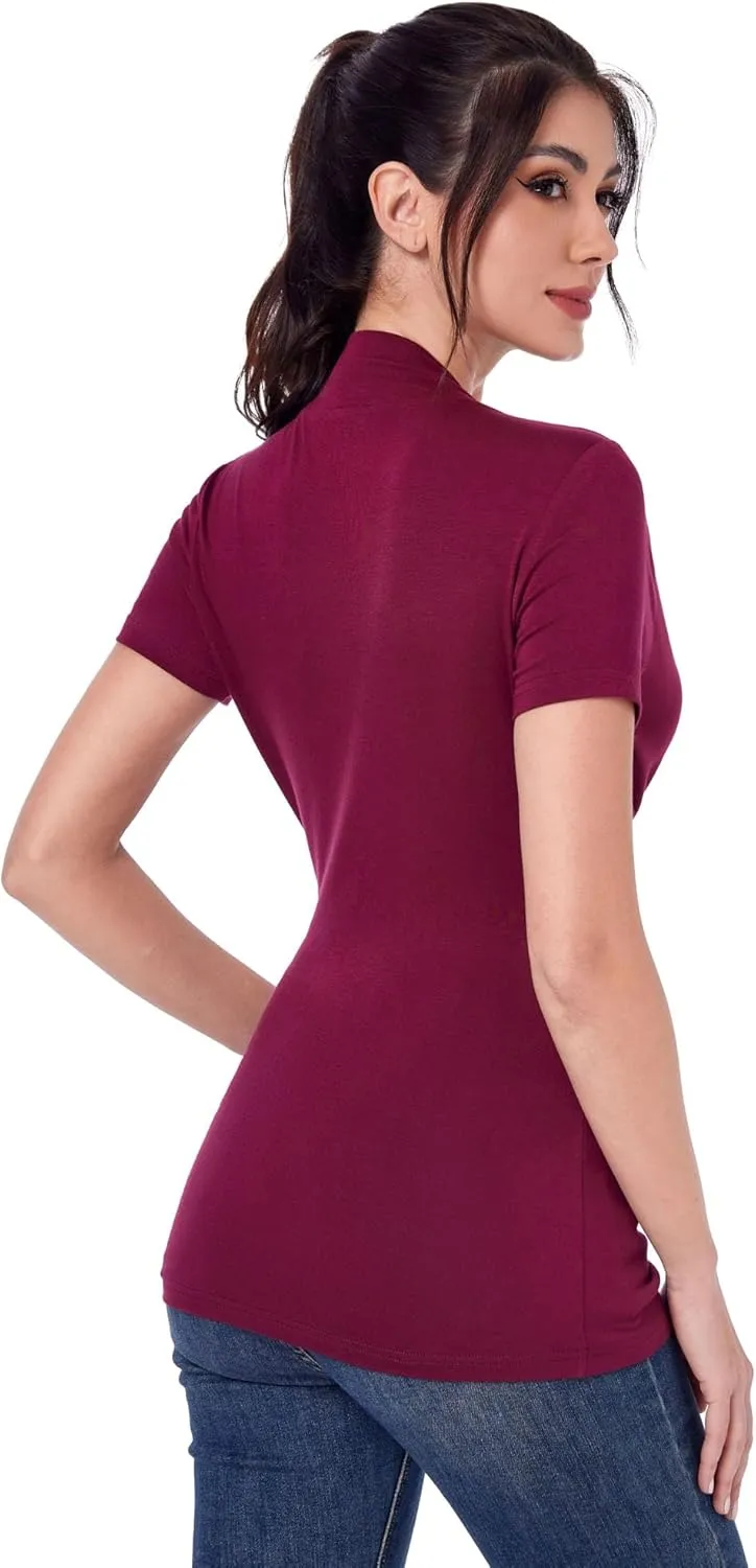 AmélieBoutik Women Casual V Neck Faux Wrap Ruched Side Short Sleeve Slim Fitted Blouse top