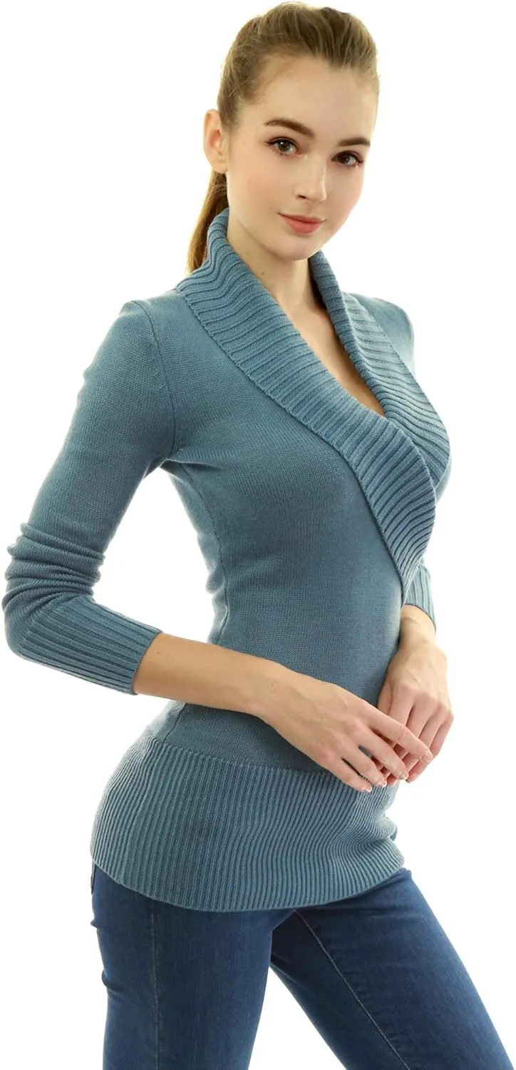 AmélieBoutik Women Slim Fit Sexy Casual Shawl Collar Faux Wrap Lace Up Long Sleeve Sweater