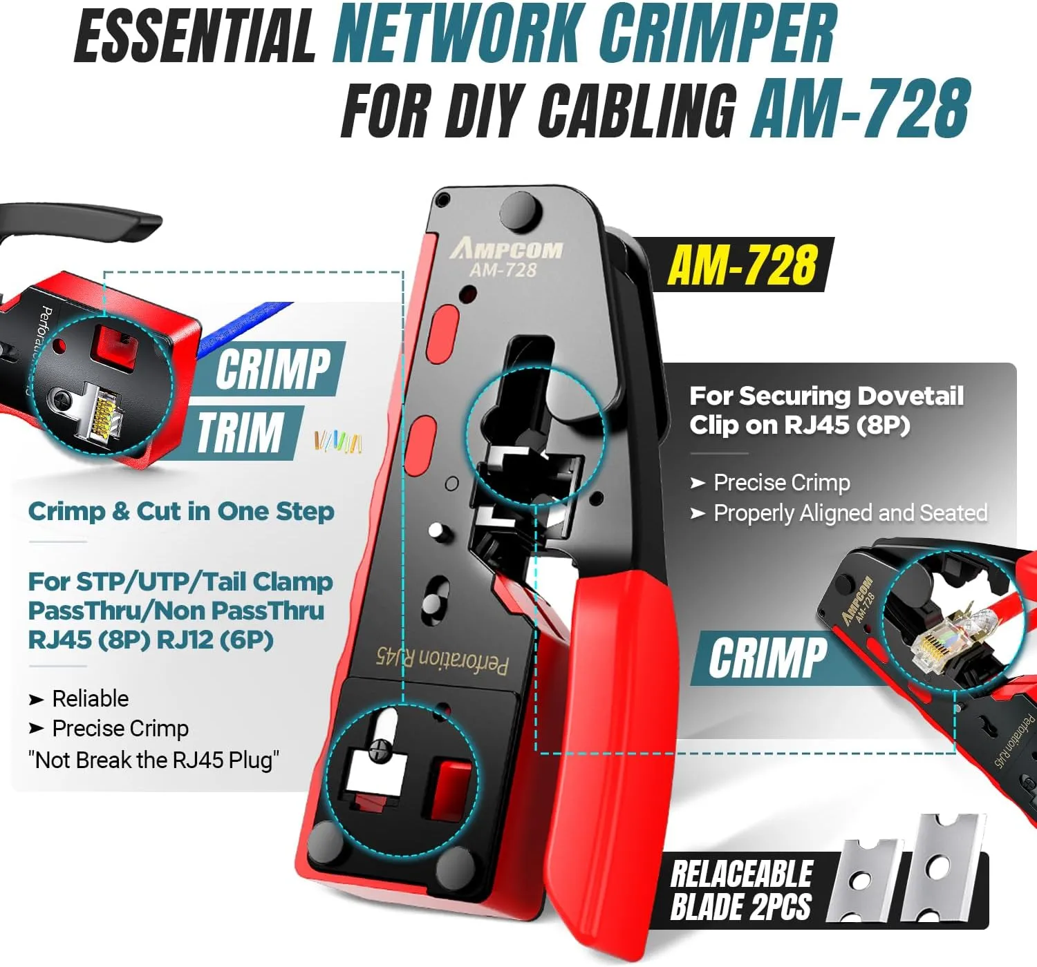 AMPCOM Ethernet Crimping Tool Kit 10-in-1 Pass Through RJ45/RJ11 Network Tool Kit with RJ45 Tester for Cat6/5e RJ45 Connectors, Includes 110 Punch Down Tool & Wire Stripper, Portable Waterproof Bag
