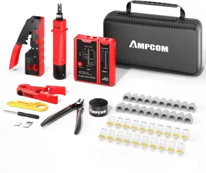 AMPCOM Ethernet Crimping Tool Kit 10-in-1 Pass Through RJ45/RJ11 Network Tool Kit with RJ45 Tester for Cat6/5e RJ45 Connectors, Includes 110 Punch Down Tool & Wire Stripper, Portable Waterproof Bag