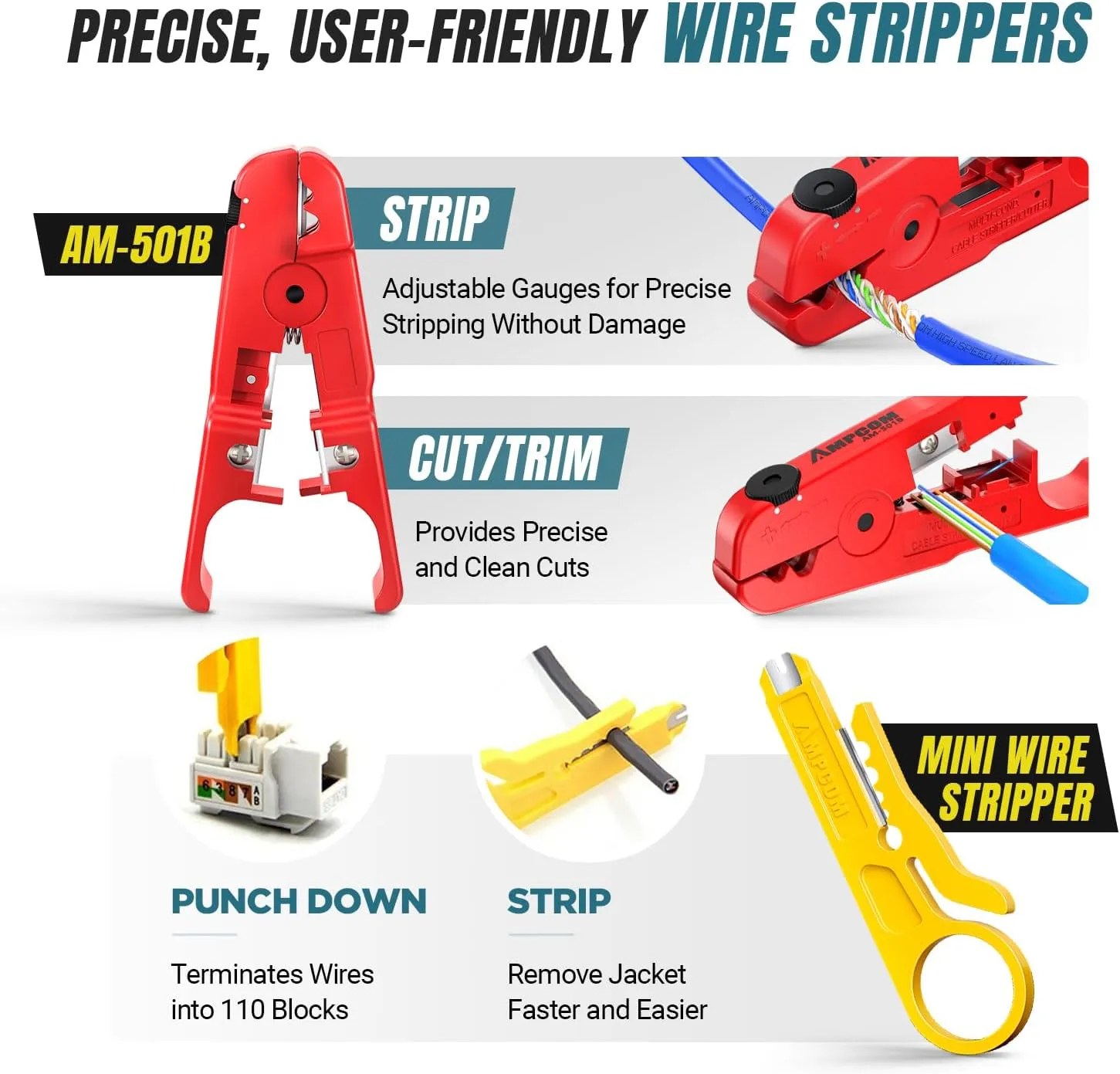 AMPCOM Ethernet Crimping Tool Kit 10-in-1 Pass Through RJ45/RJ11 Network Tool Kit with RJ45 Tester for Cat6/5e RJ45 Connectors, Includes 110 Punch Down Tool & Wire Stripper, Portable Waterproof Bag