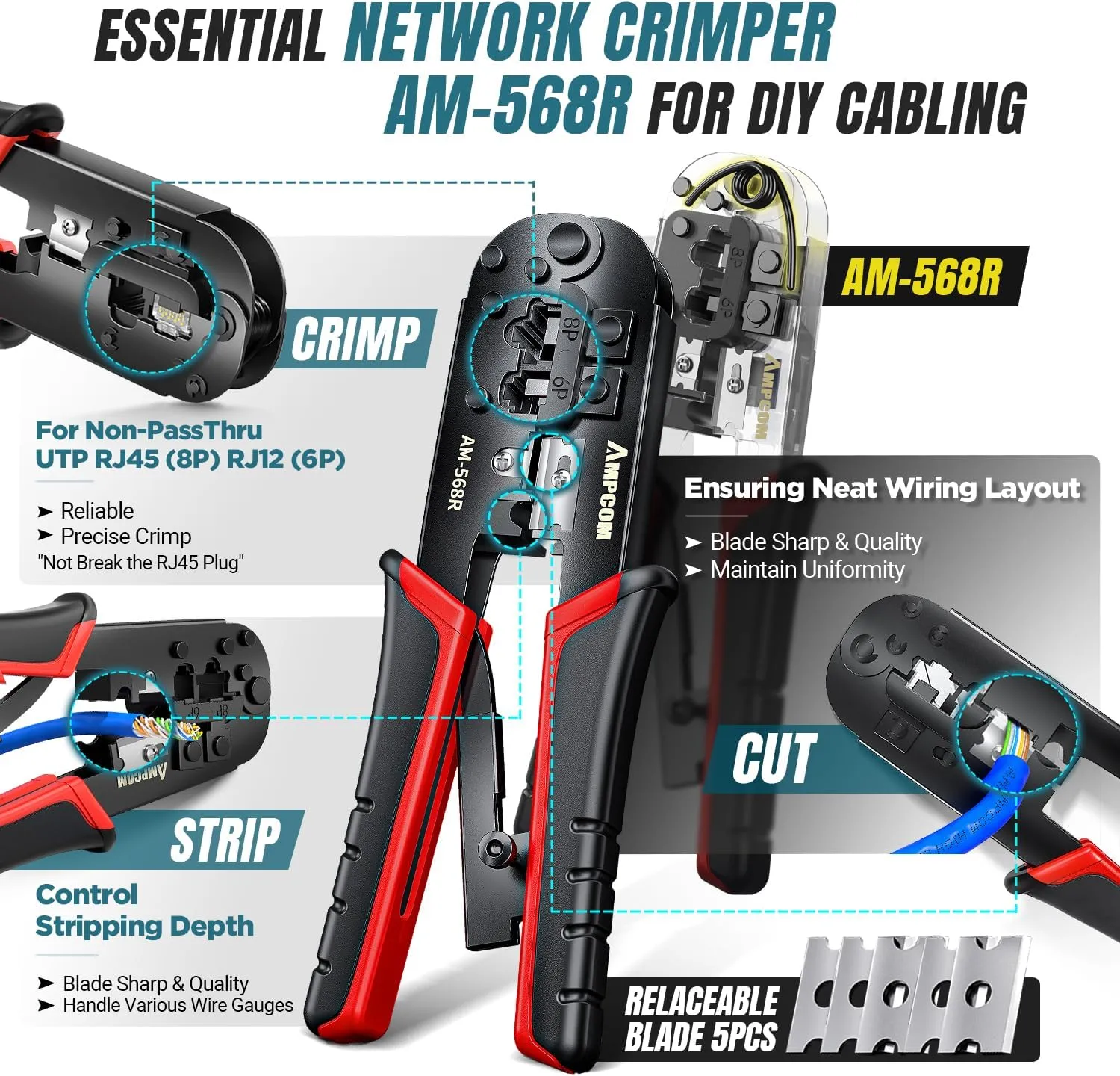 AMPCOM Ethernet Crimping Tool Kit 10-in-1 RJ45/RJ11 Network Tool Kit with RJ45 Tester for Cat6/Cat5e/Cat5 RJ45 Connectors, Includes 110 Punch Down Tool & Wire Stripper, Portable Waterproof Bag