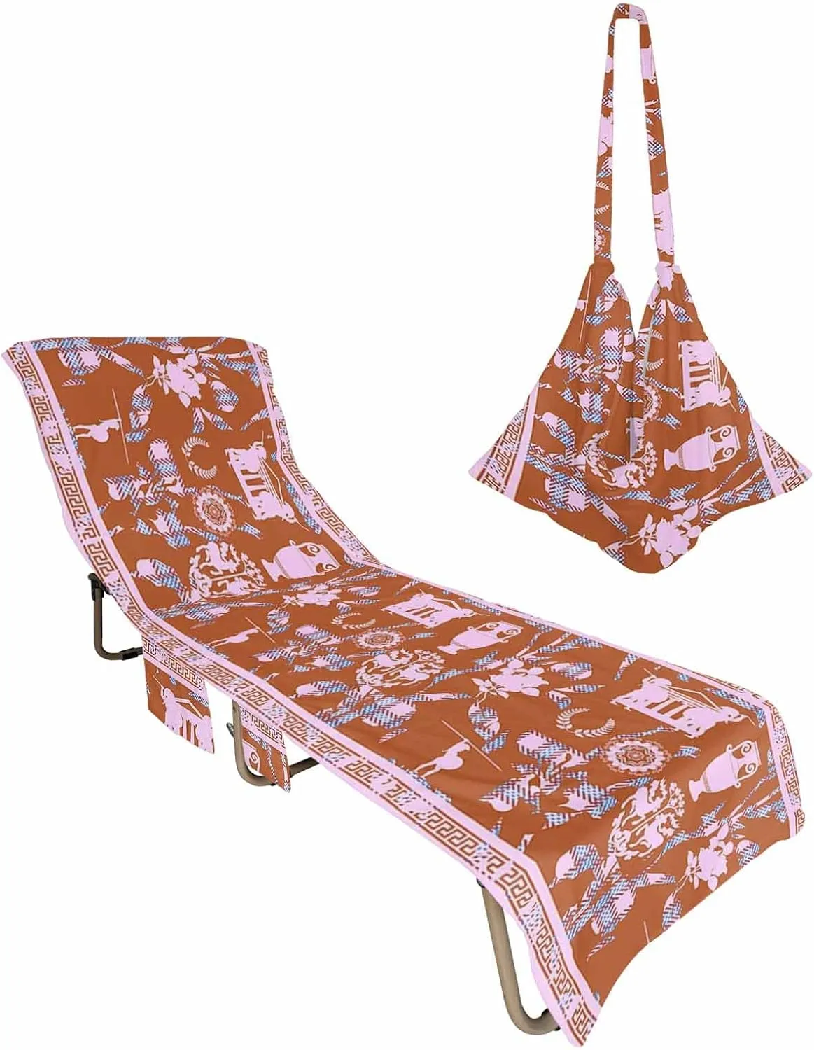 Ancient Rome Beach Pool Patio Lounge Chaise Chair Cover Towel With Pockets, Absorbent & Quick Dry Microfiber Towel Cover Bag Summer Travel Accessories for Sunbathing Native Flowers Pot Leaves Soldier