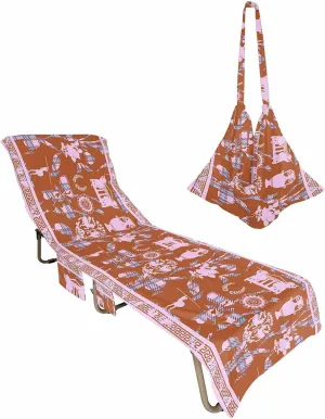Ancient Rome Beach Pool Patio Lounge Chaise Chair Cover Towel With Pockets, Absorbent & Quick Dry Microfiber Towel Cover Bag Summer Travel Accessories for Sunbathing Native Flowers Pot Leaves Soldier