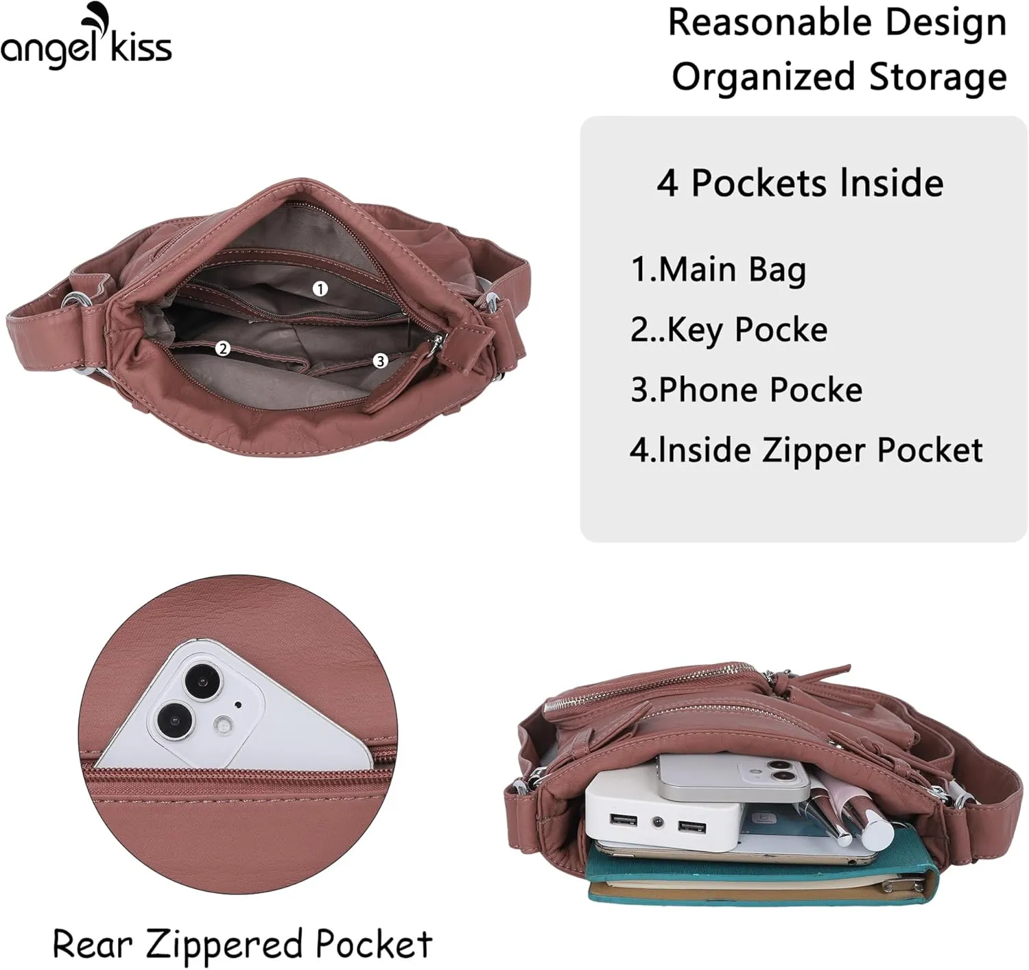 Angel Kiss Crossbody Bags for Women Washed Leather Shoulder Bags Multi Pocket Soft Hobo Purses and Medium Handbags