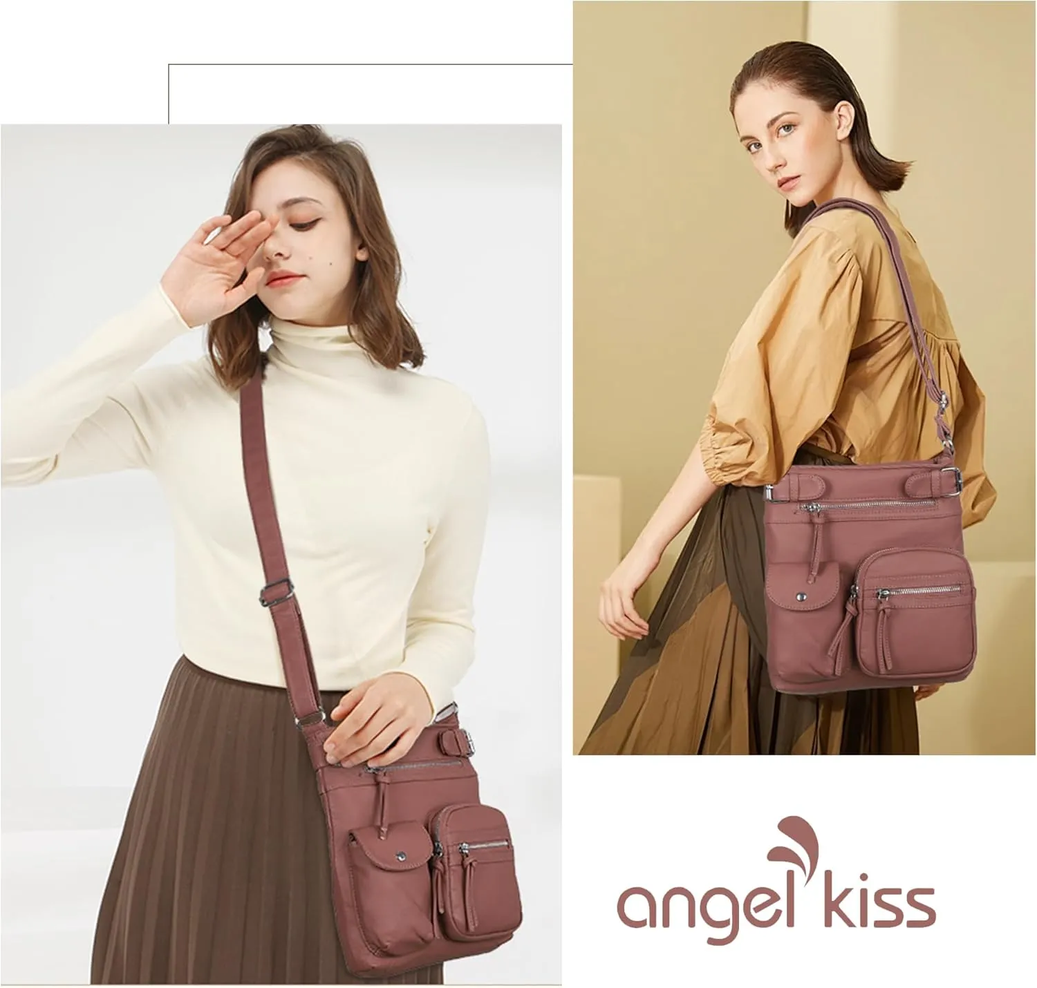 Angel Kiss Crossbody Bags for Women Washed Leather Shoulder Bags Multi Pocket Soft Hobo Purses and Medium Handbags