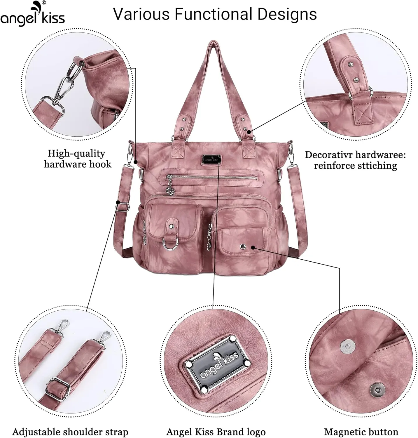 Angelkiss Purses Handbags for Women PU Tote Satchel Bags for Women Pockets Shoulder Bags…