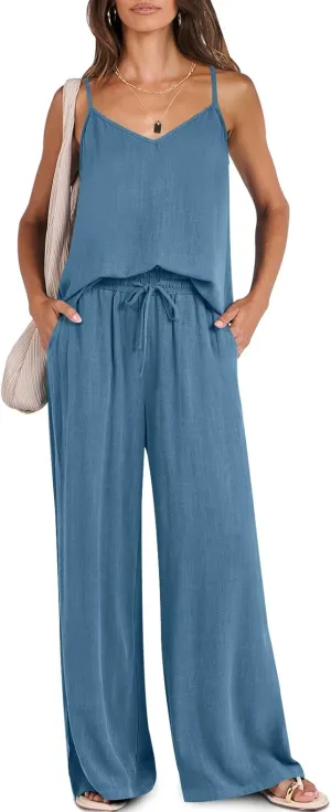 ANRABESS Women's 2 Piece Linen Lounge Set Casual Matching Pants Jumpsuit Summer Beach Travel Vacation Trendy Outfits