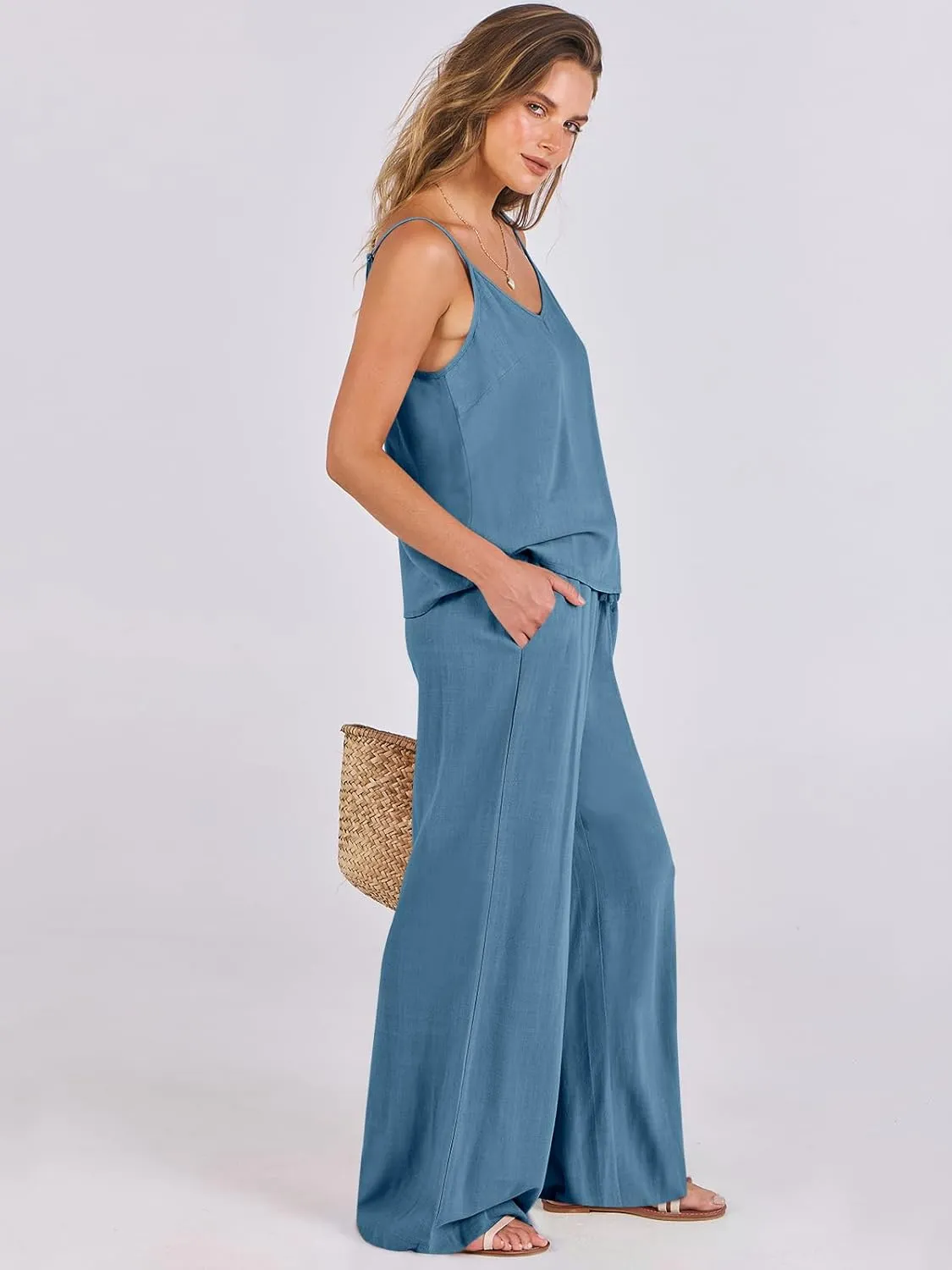 ANRABESS Women's 2 Piece Linen Lounge Set Casual Matching Pants Jumpsuit Summer Beach Travel Vacation Trendy Outfits