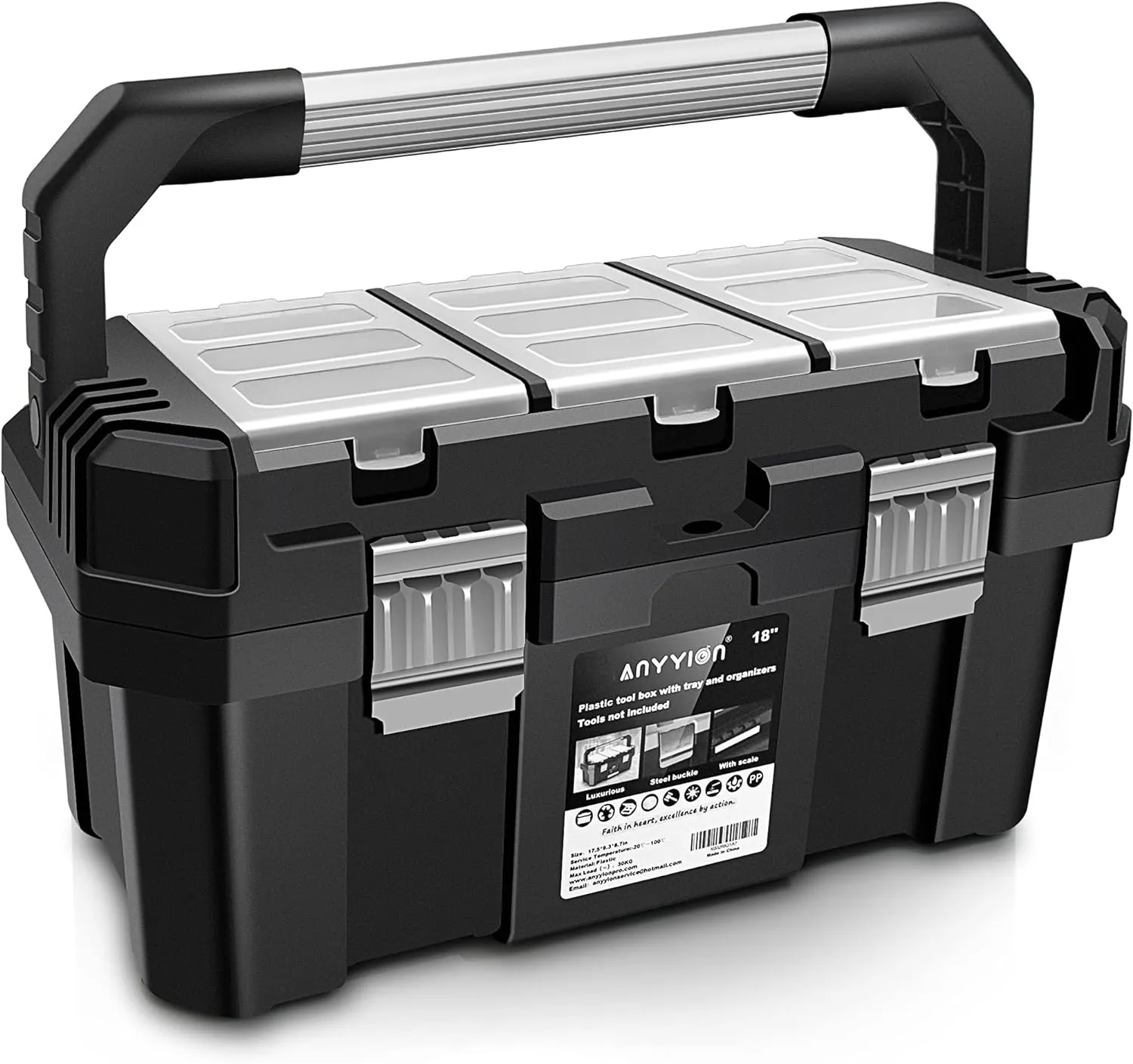 Anyyion 17-Inch Tool box with Removable Tray with Stainless Steel Dual Lock Secured,Small Parts Box, Metal Handle is Truly Rugged（17In）