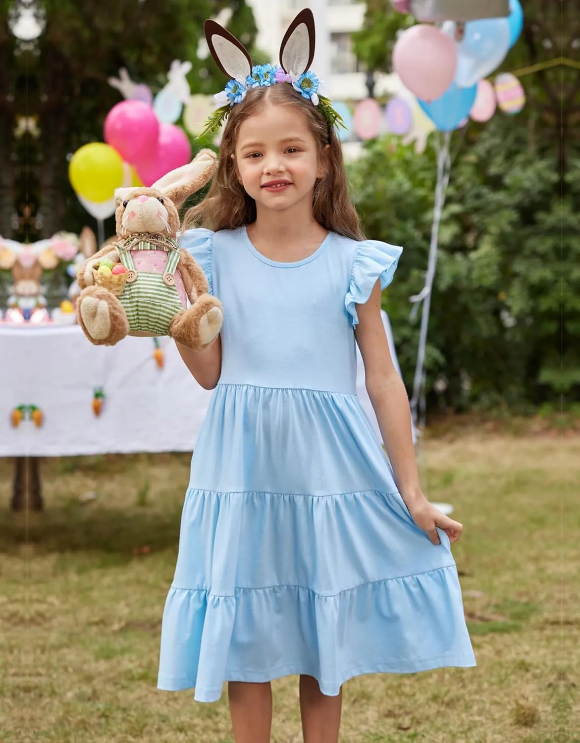 Arshiner Girl's Summer Dresses Ruffle Sleeve Tiered Swing Midi Casual Sundress with Pockets