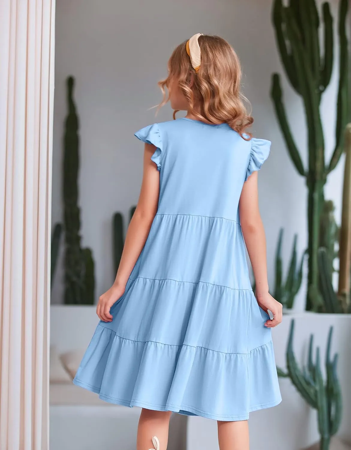 Arshiner Girl's Summer Dresses Ruffle Sleeve Tiered Swing Midi Casual Sundress with Pockets