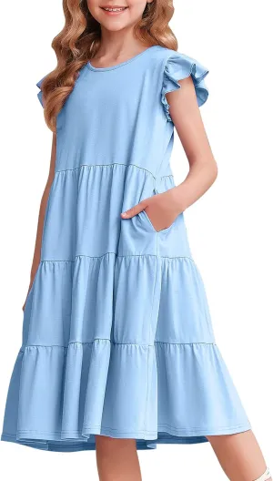 Arshiner Girl's Summer Dresses Ruffle Sleeve Tiered Swing Midi Casual Sundress with Pockets