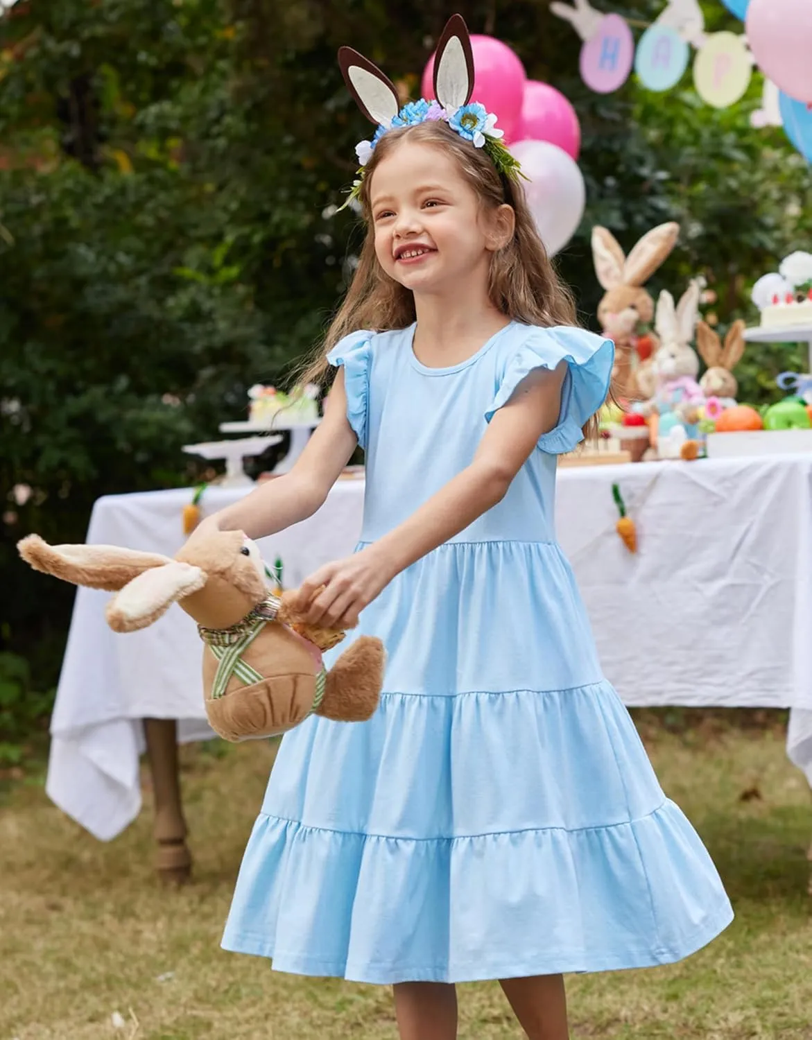 Arshiner Girl's Summer Dresses Ruffle Sleeve Tiered Swing Midi Casual Sundress with Pockets