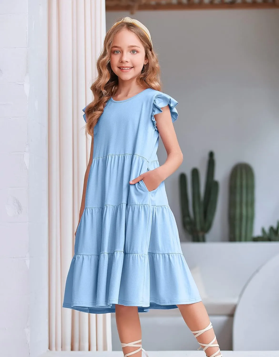 Arshiner Girl's Summer Dresses Ruffle Sleeve Tiered Swing Midi Casual Sundress with Pockets