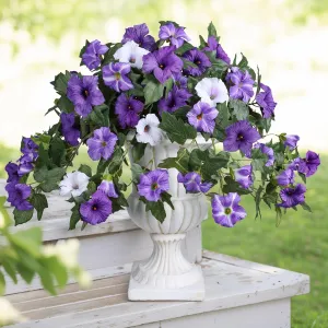 Artificial Flowers for Outdoors 2PCS Spring Faux Morning Glory Look Real Silk Flowers for Outside Planter UV Resistant Fake Flowers for Home Garden Balcony Yard Porch Deco Purple