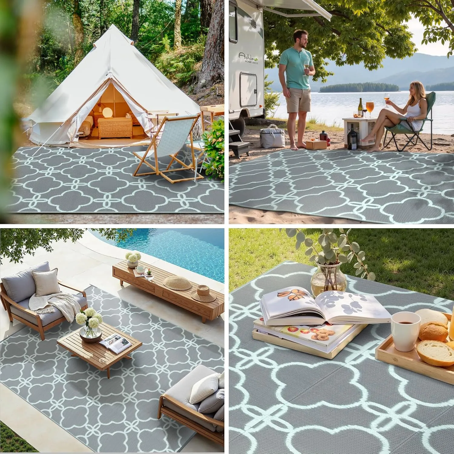 Ashler Outdoor Plastic Straw Rug Waterproof for Patio, Clearance Reversible Camping Mats, 8x10 Large Outdoor Area Rugs with Carrying Bag, for RV, Picnic, Backyard, Indoor, Grey Blue
