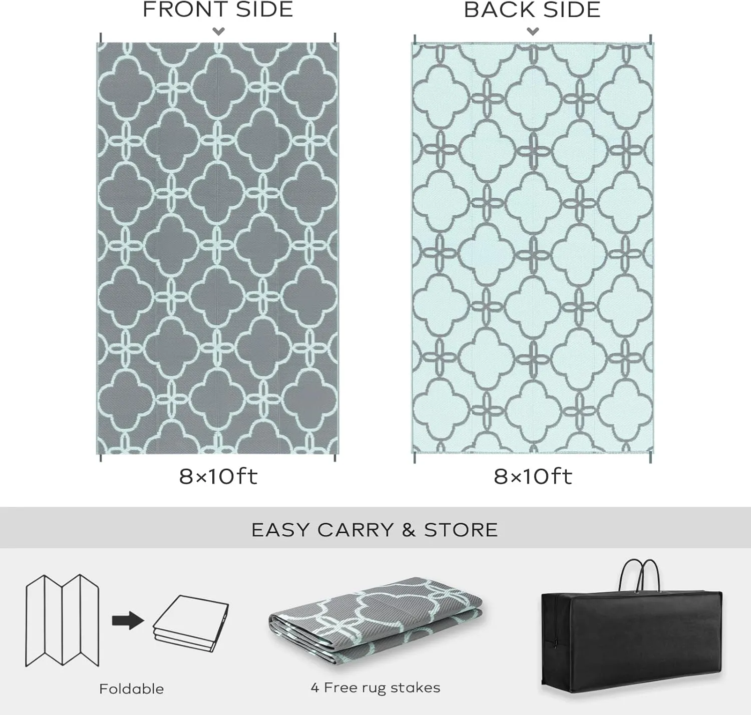 Ashler Outdoor Plastic Straw Rug Waterproof for Patio, Clearance Reversible Camping Mats, 8x10 Large Outdoor Area Rugs with Carrying Bag, for RV, Picnic, Backyard, Indoor, Grey Blue