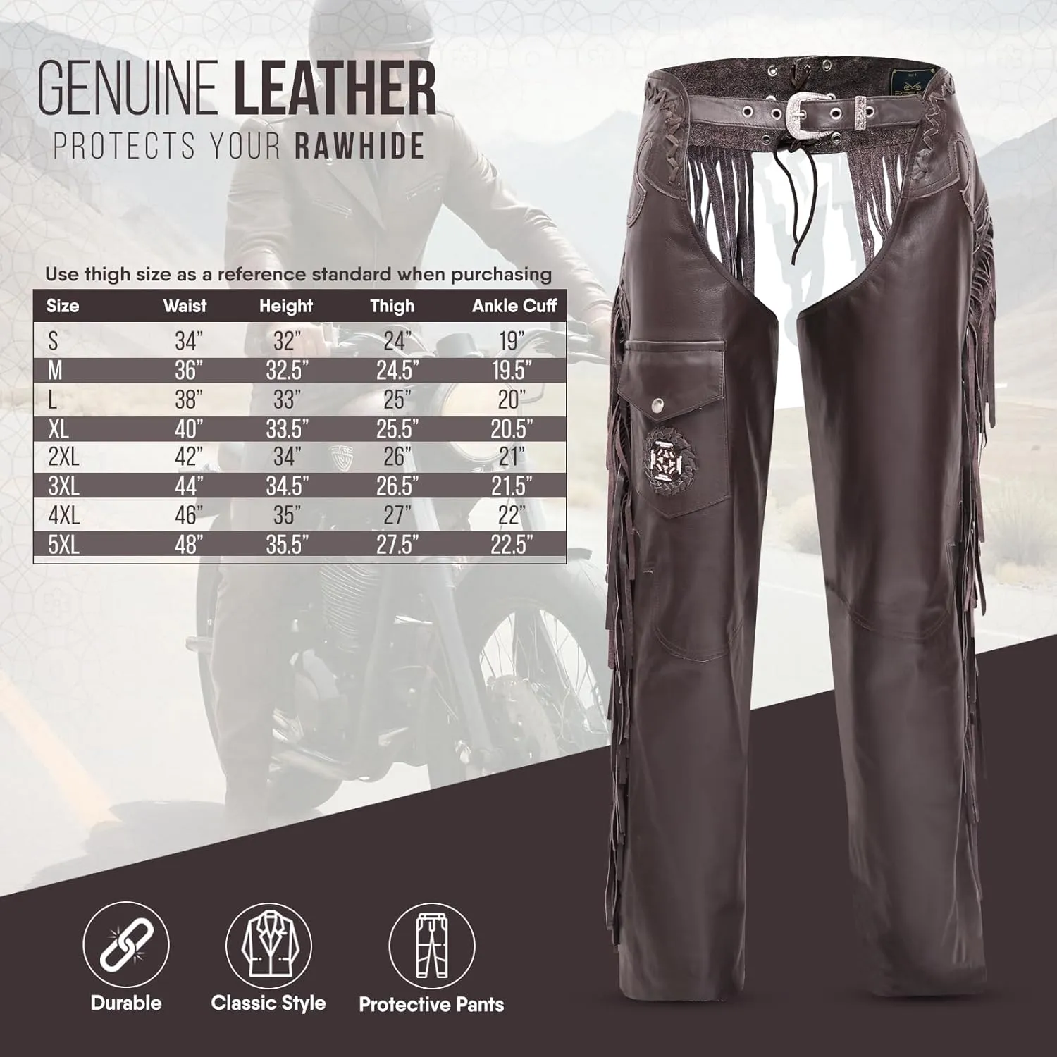 Assless Leather Chaps for Men and Women – Premium Full Grain Cowhide Western Cowboy Motorcycle Chaps – Handmade