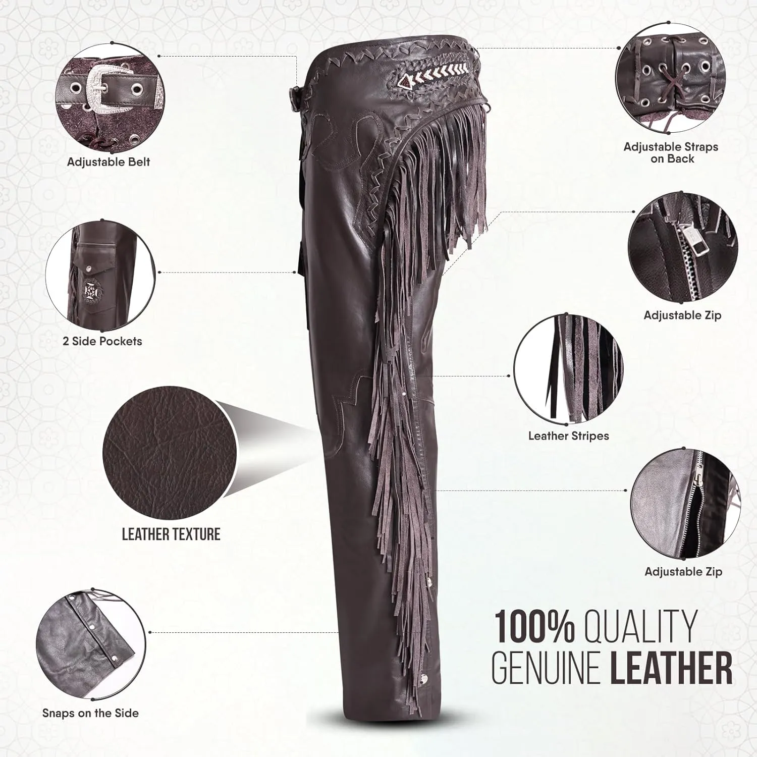 Assless Leather Chaps for Men and Women – Premium Full Grain Cowhide Western Cowboy Motorcycle Chaps – Handmade
