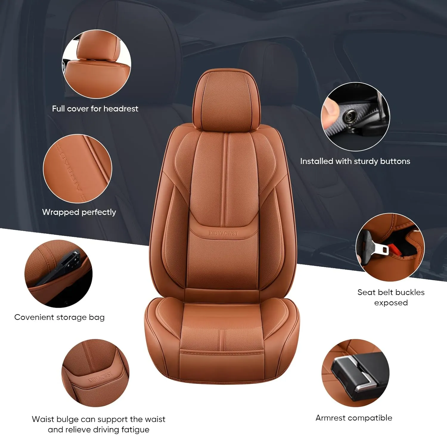 Auto Car Seat Covers Accessories Full Set Leather Cushion Protector Breathable Waterproof Seat Cover for Cars Universal Fit (Brown, FullSet Without Headrest)