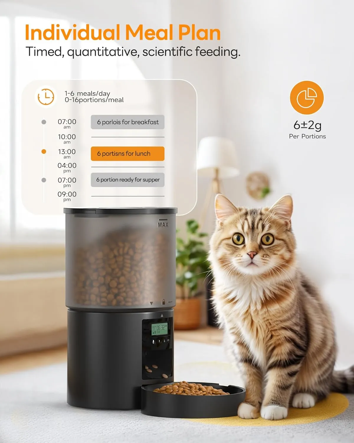Automatic Cat & Dog Feeder - Auto Food Dispenser with 1-6 Meals, Customized Feeding Schedule - 6L Capacity