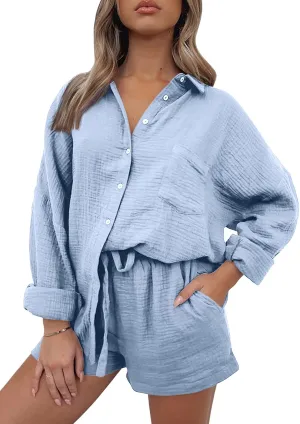 AUTOMET 2 Piece Sets For Women Lounge Wear Matching Two Piece Pajama Fashion Oversized Shirts And Shorts Spring Outfit 2025