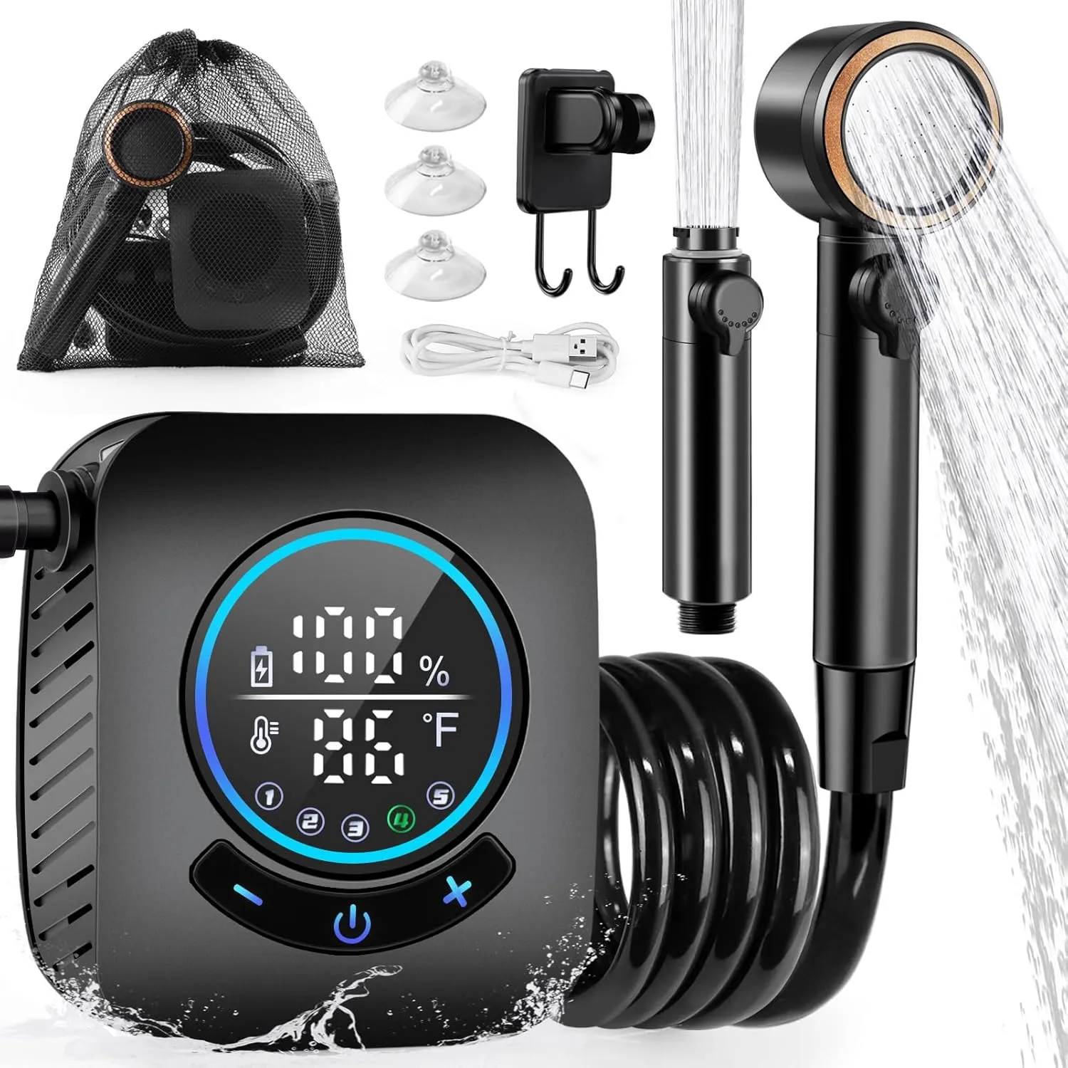 AUTOPkio Portable Shower, 8000mAh Rechargeable Camping Shower Pump with 5 Speed Modes, LED Display, IPX8 Waterproof, 10 L/min Electric Outdoor Shower Kit for Travel, Car, RV, Hiking, Beach, Pet