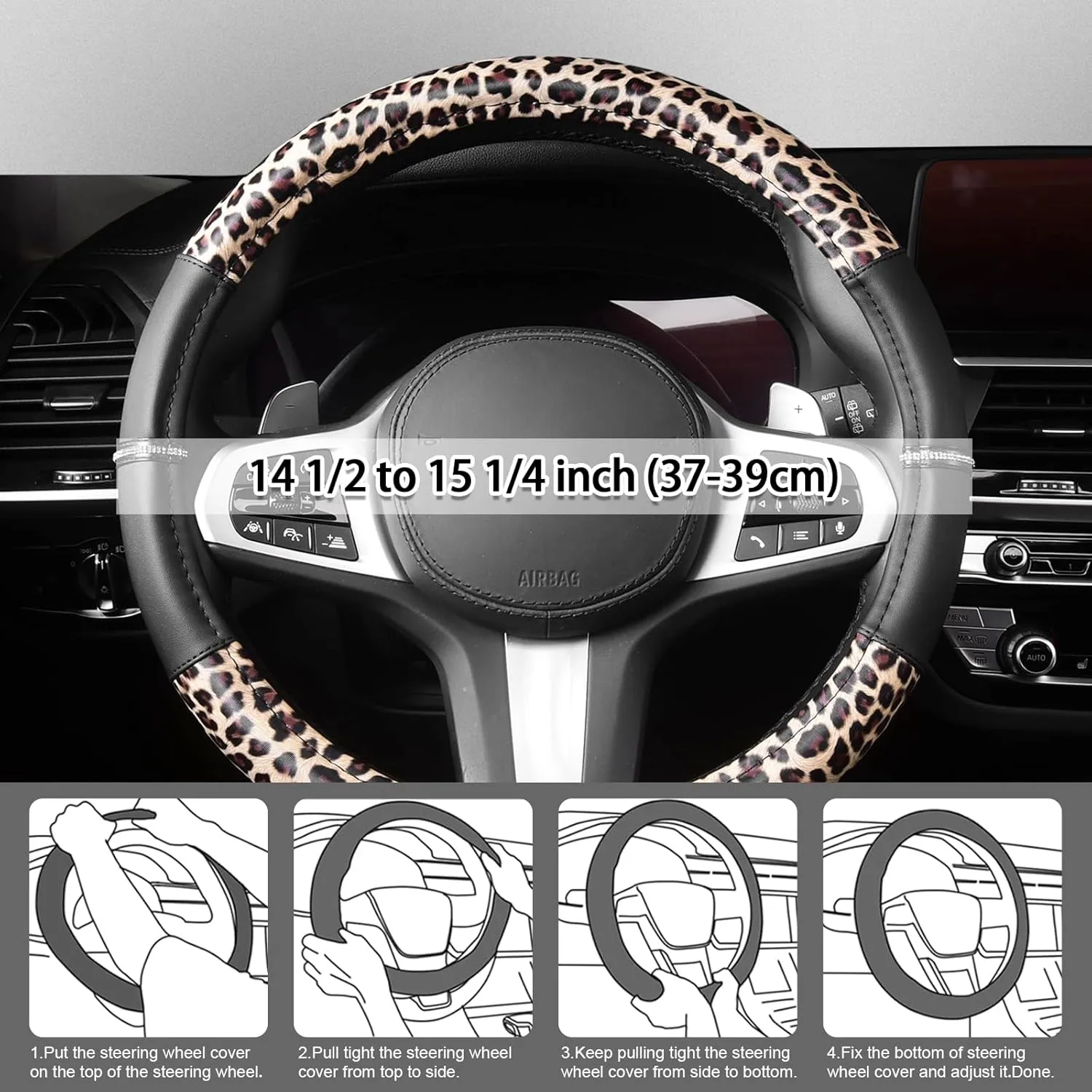 AUTOYOUTH Leopard Leather Steering Wheel Cover, 14.5-15 Inch, Bling Rhinestones, Anti-Slip Design, Universal Fit for Cars, SUVs, Cute Decoration for Women