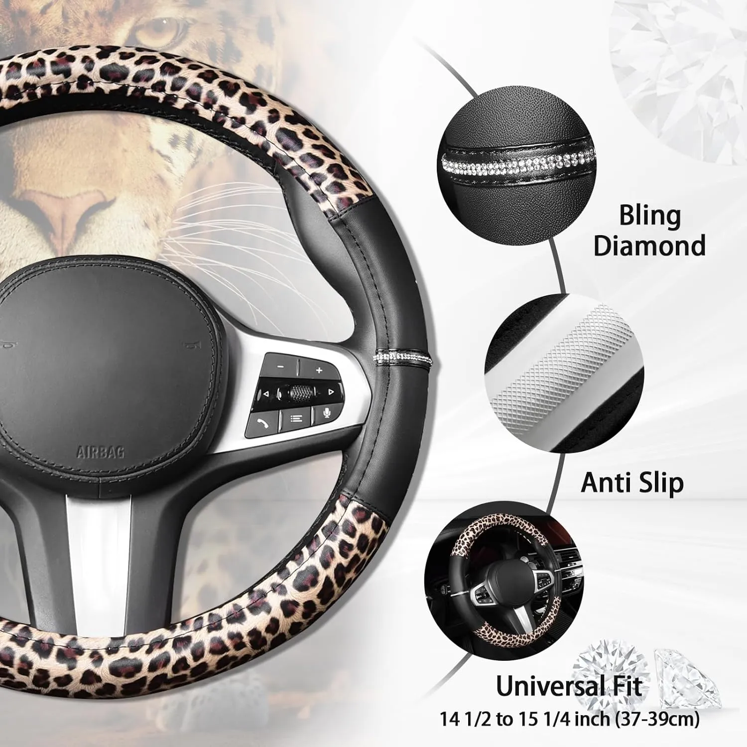 AUTOYOUTH Leopard Leather Steering Wheel Cover, 14.5-15 Inch, Bling Rhinestones, Anti-Slip Design, Universal Fit for Cars, SUVs, Cute Decoration for Women