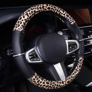 AUTOYOUTH Leopard Leather Steering Wheel Cover, 14.5-15 Inch, Bling Rhinestones, Anti-Slip Design, Universal Fit for Cars, SUVs, Cute Decoration for Women
