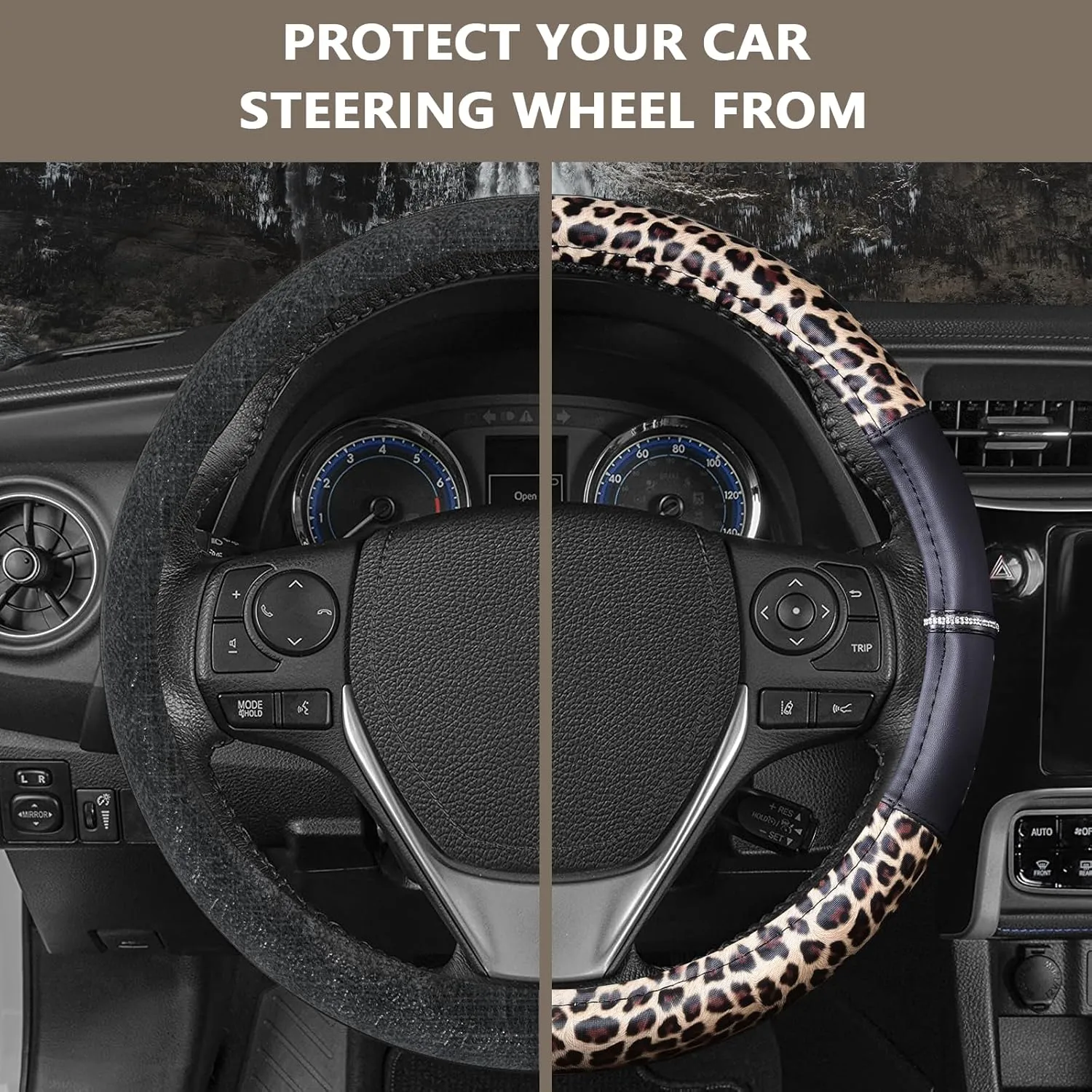 AUTOYOUTH Leopard Leather Steering Wheel Cover, 14.5-15 Inch, Bling Rhinestones, Anti-Slip Design, Universal Fit for Cars, SUVs, Cute Decoration for Women