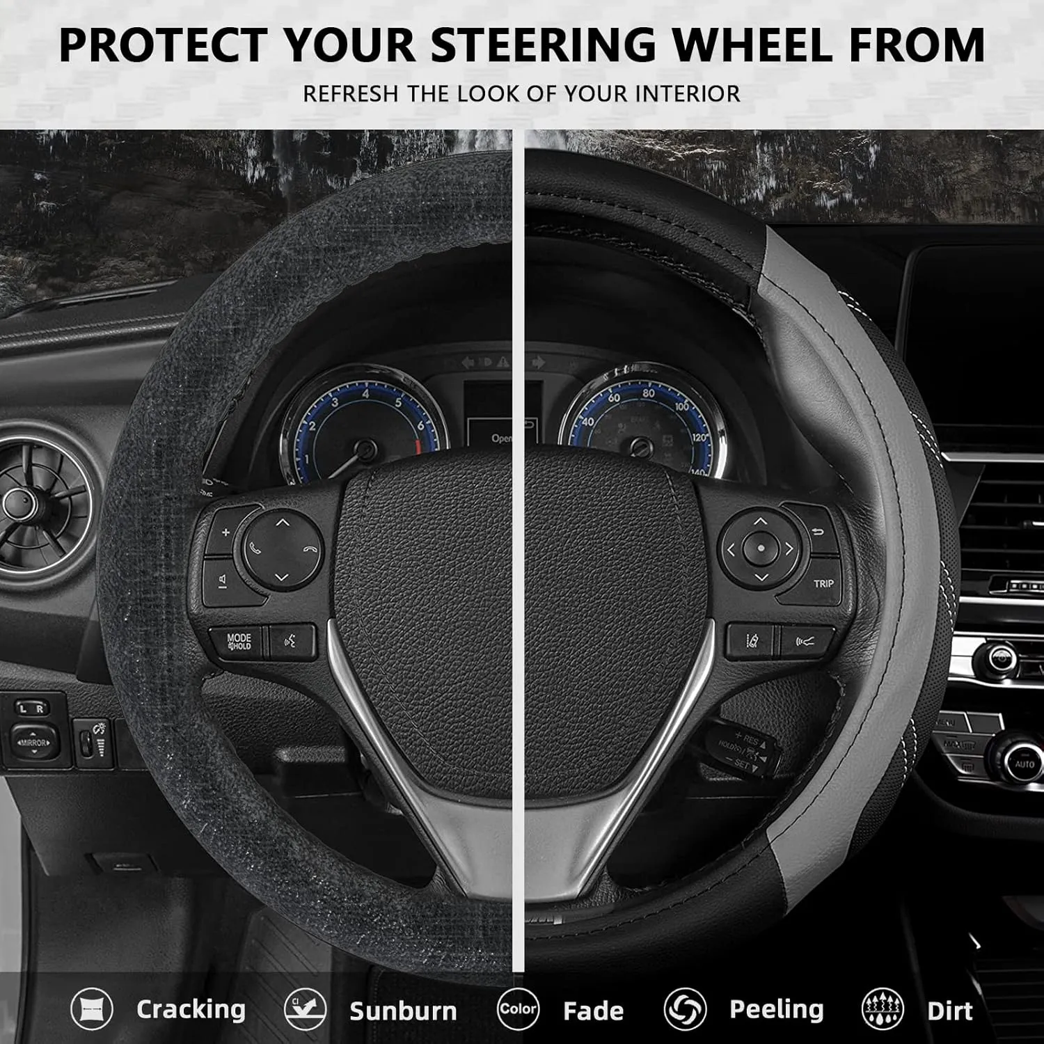 AUTOYOUTH Microfiber Leather Steering Wheel Cover, Universal Fit for 14 1/2 to 15 1/4 Inch (37-39cm) Wheels, Four-Stitch Design, Breathable Anti-Slip Durable Grip