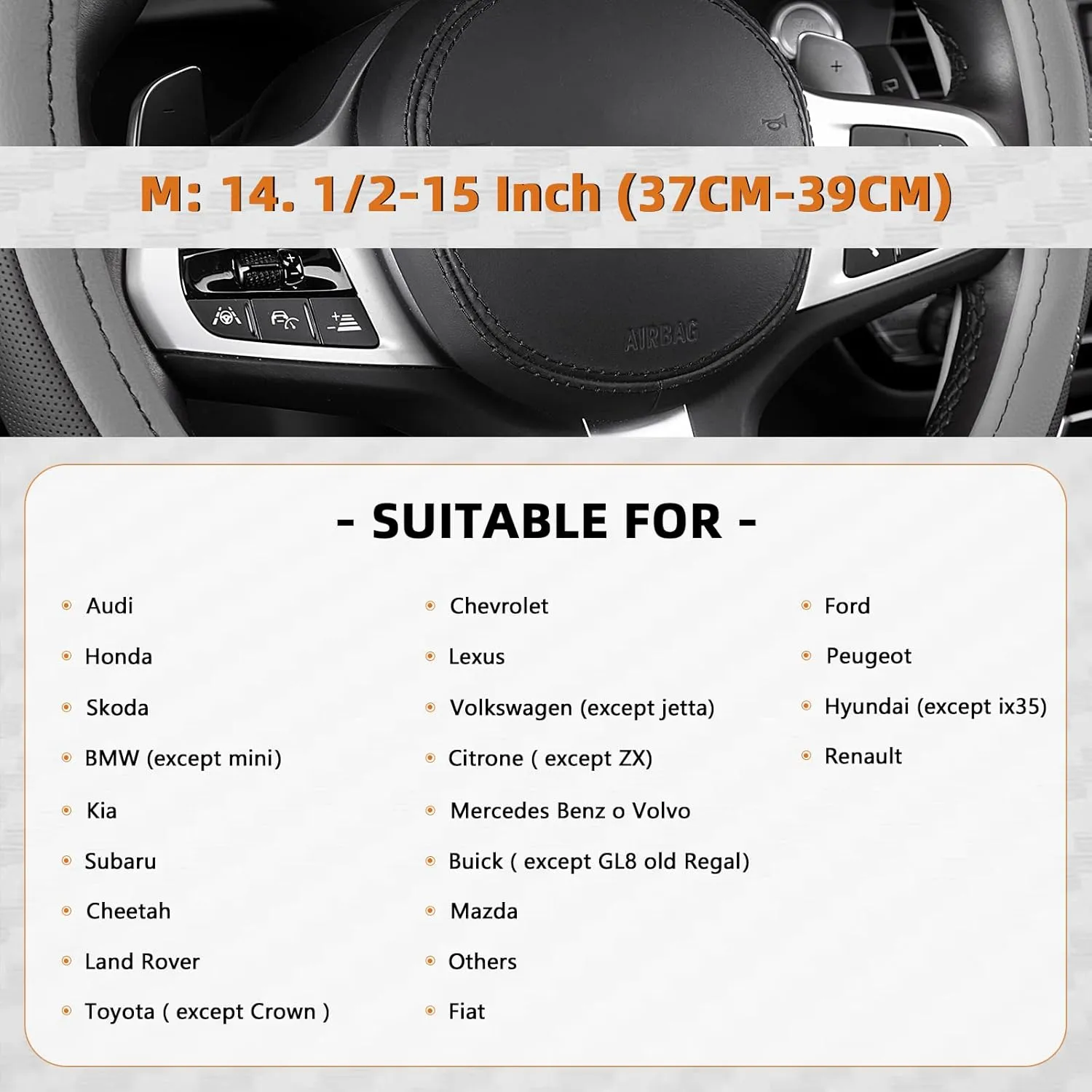 AUTOYOUTH Microfiber Leather Steering Wheel Cover, Universal Fit for 14 1/2 to 15 1/4 Inch (37-39cm) Wheels, Four-Stitch Design, Breathable Anti-Slip Durable Grip