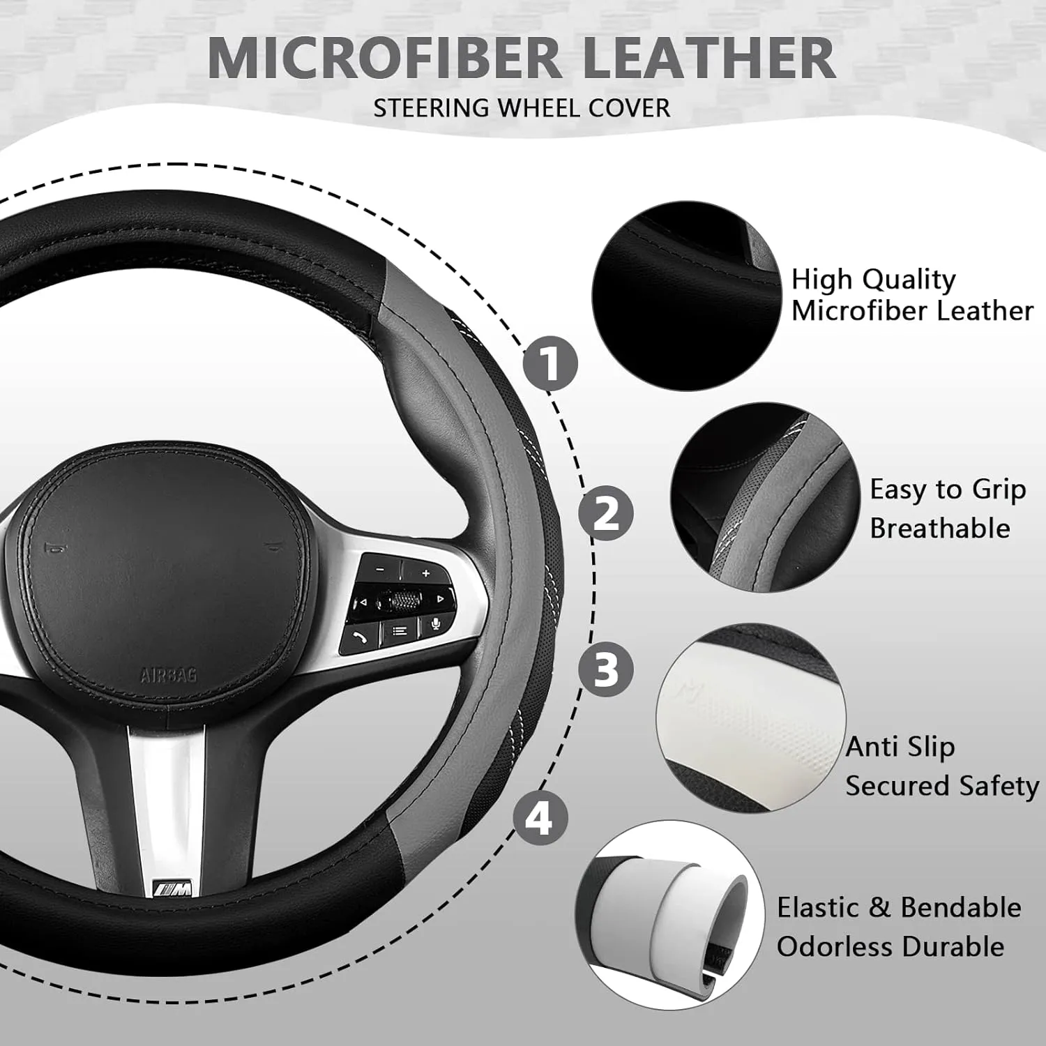 AUTOYOUTH Microfiber Leather Steering Wheel Cover, Universal Fit for 14 1/2 to 15 1/4 Inch (37-39cm) Wheels, Four-Stitch Design, Breathable Anti-Slip Durable Grip