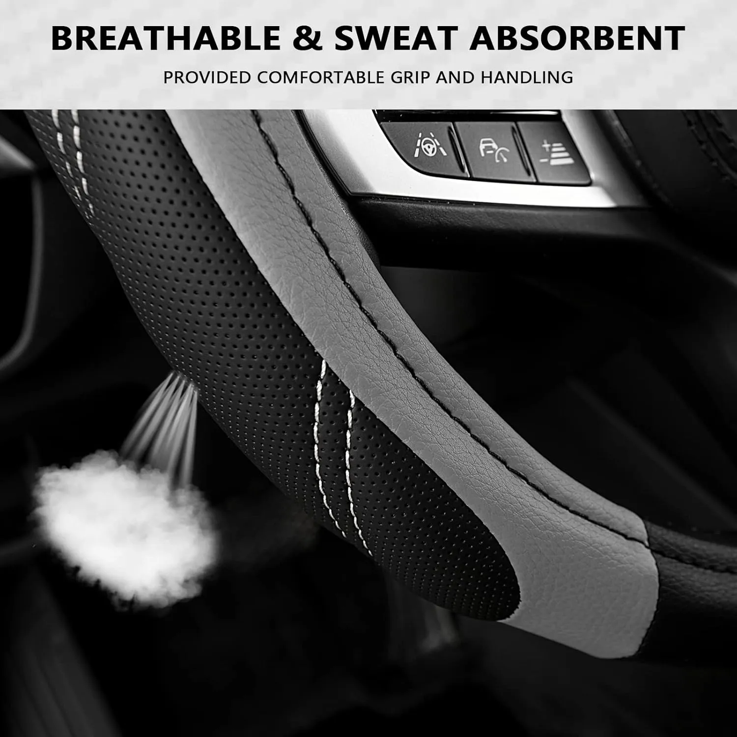 AUTOYOUTH Microfiber Leather Steering Wheel Cover, Universal Fit for 14 1/2 to 15 1/4 Inch (37-39cm) Wheels, Four-Stitch Design, Breathable Anti-Slip Durable Grip
