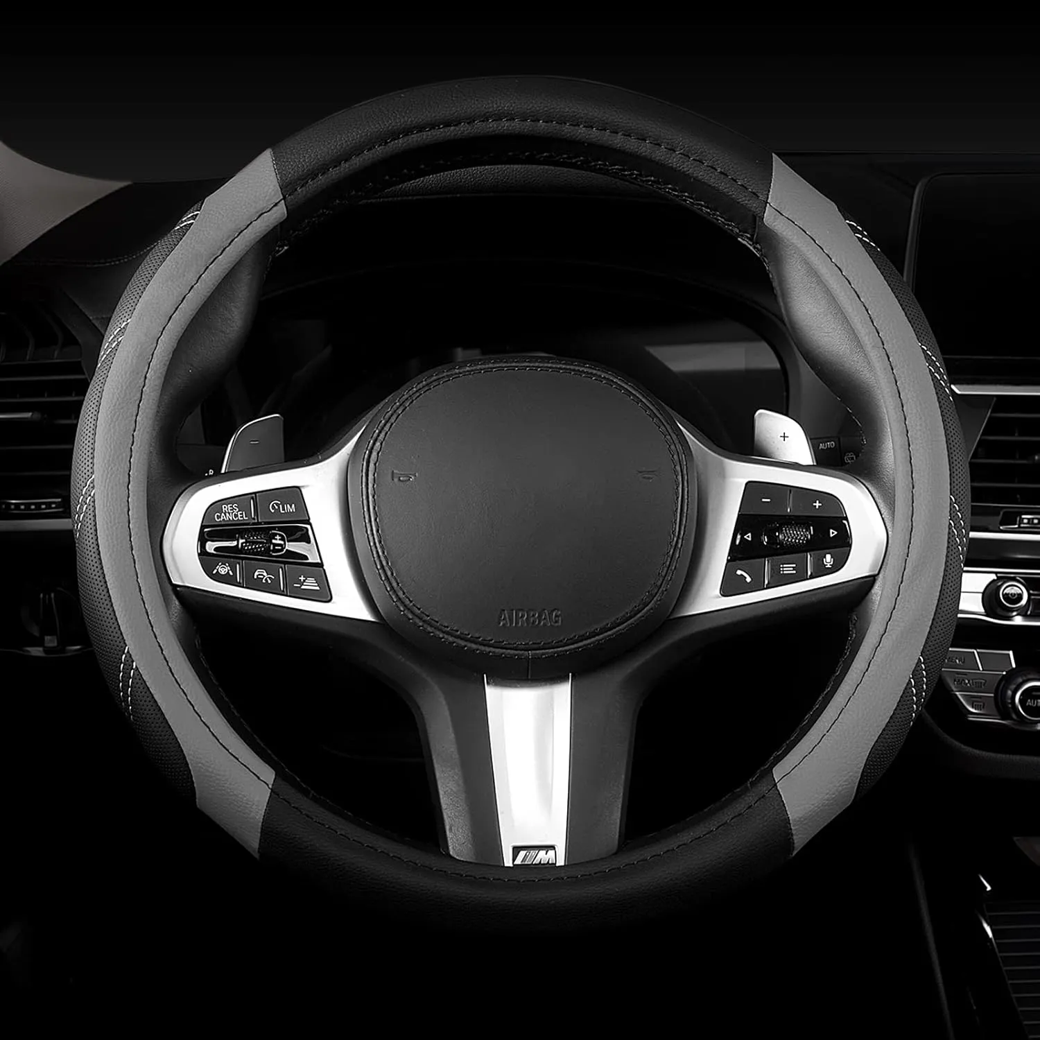 AUTOYOUTH Microfiber Leather Steering Wheel Cover, Universal Fit for 14 1/2 to 15 1/4 Inch (37-39cm) Wheels, Four-Stitch Design, Breathable Anti-Slip Durable Grip