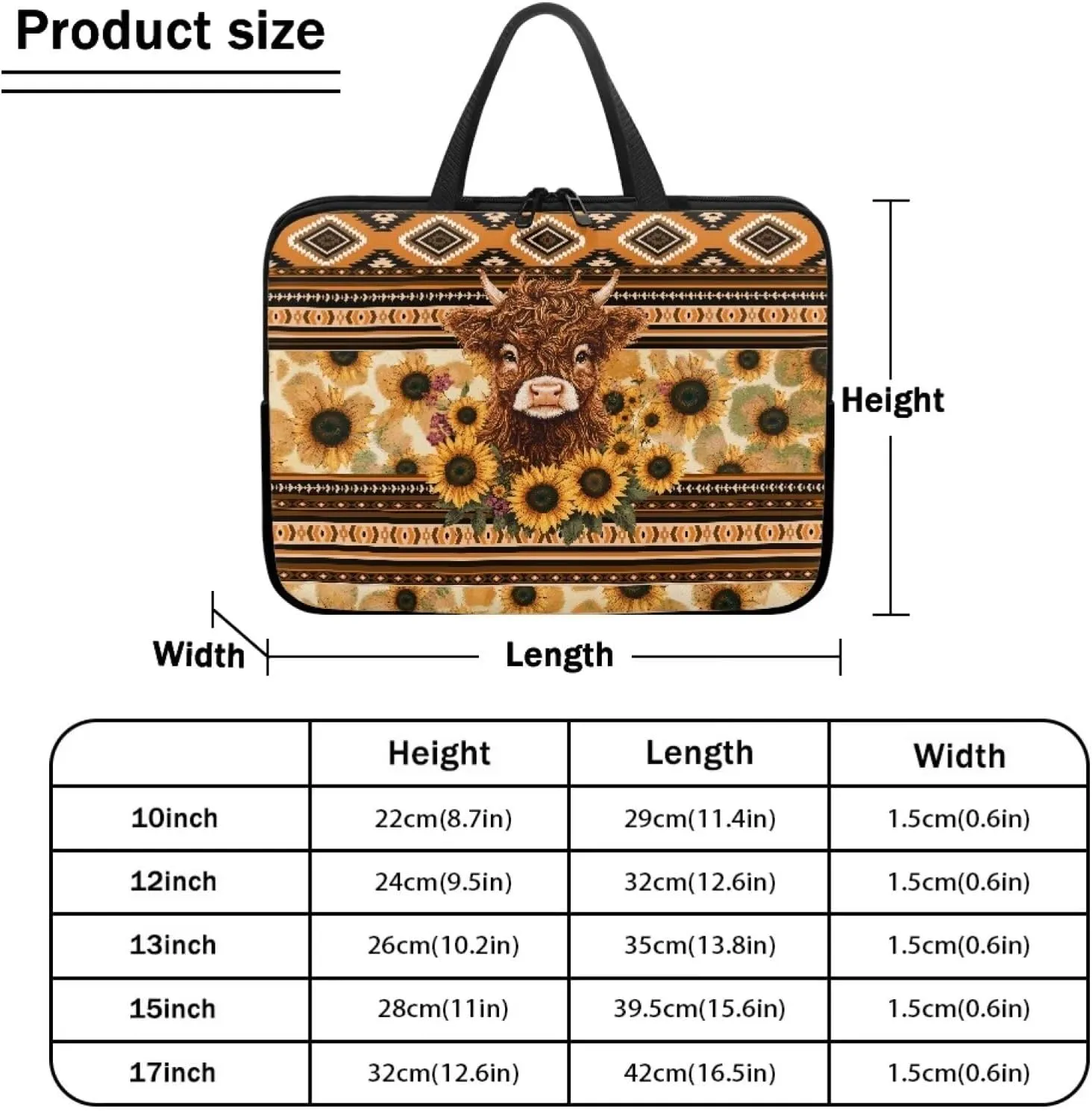 Aztec Sunflower Highland Cow Print Laptop Sleeve Case with Handle Carrying Computer Bag Shockproof Protective Laptop Cover Briefcase Laptop Sleeves for Women Men Study Work, 10inch