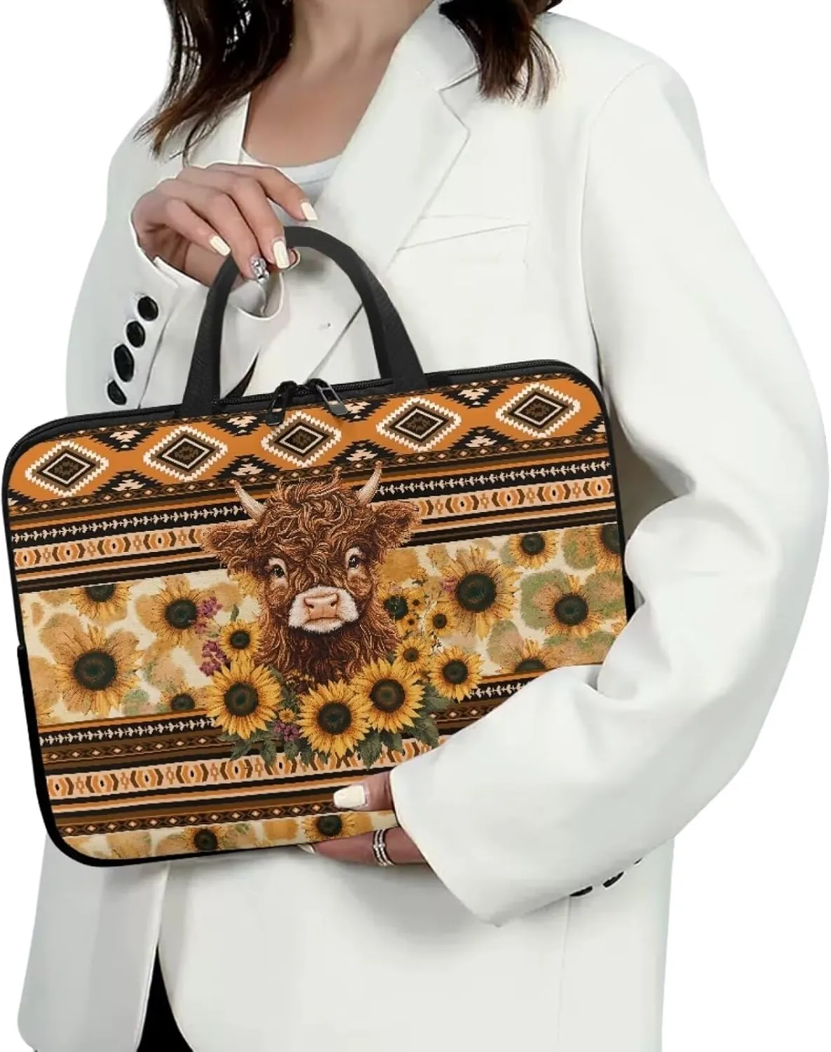 Aztec Sunflower Highland Cow Print Laptop Sleeve Case with Handle Carrying Computer Bag Shockproof Protective Laptop Cover Briefcase Laptop Sleeves for Women Men Study Work, 10inch