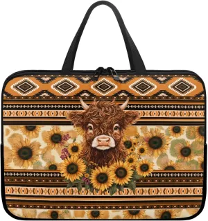 Aztec Sunflower Highland Cow Print Laptop Sleeve Case with Handle Carrying Computer Bag Shockproof Protective Laptop Cover Briefcase Laptop Sleeves for Women Men Study Work, 10inch