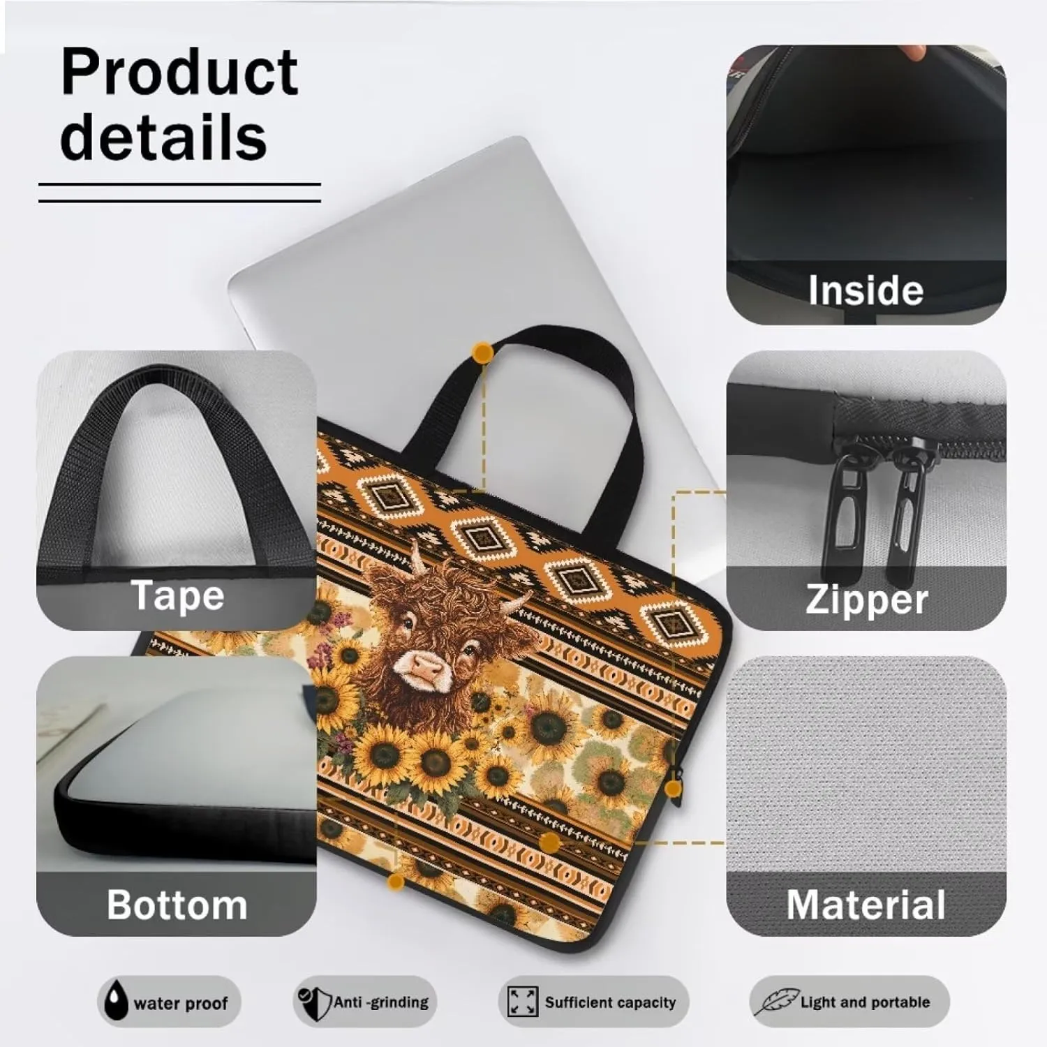 Aztec Sunflower Highland Cow Print Laptop Sleeve Case with Handle Carrying Computer Bag Shockproof Protective Laptop Cover Briefcase Laptop Sleeves for Women Men Study Work, 10inch