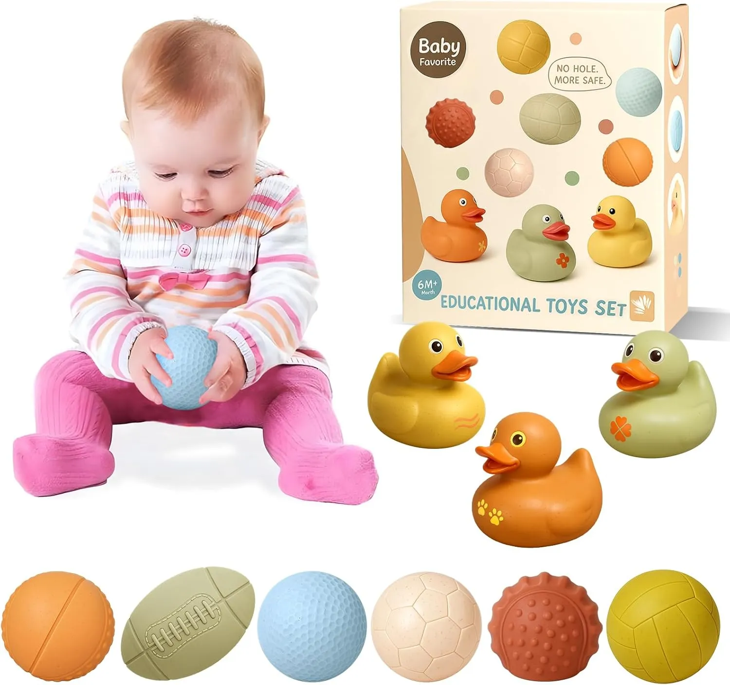 Baby Bath Toys 6-12 Months, Floating Duck Toy and Sensory Balls Set for Toddlers 1-3, Wheat Straw Soft & No Hole Shower Gift Infant Montessori 9 Pack