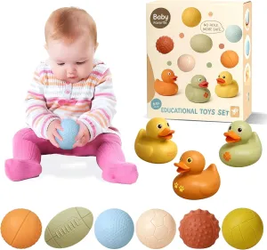 Baby Bath Toys 6-12 Months, Floating Duck Toy and Sensory Balls Set for Toddlers 1-3, Wheat Straw Soft & No Hole Shower Gift Infant Montessori 9 Pack
