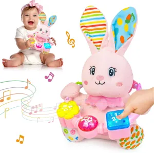 Baby Bilingual Musical Rabbit Stuffed Animals Toys,Infant Early Learning Toy with Light-Up Music & Crinkle,Tummy Time Toys for 0 3 6 9 12  Months for Baby Boy Girl Gift,Pink