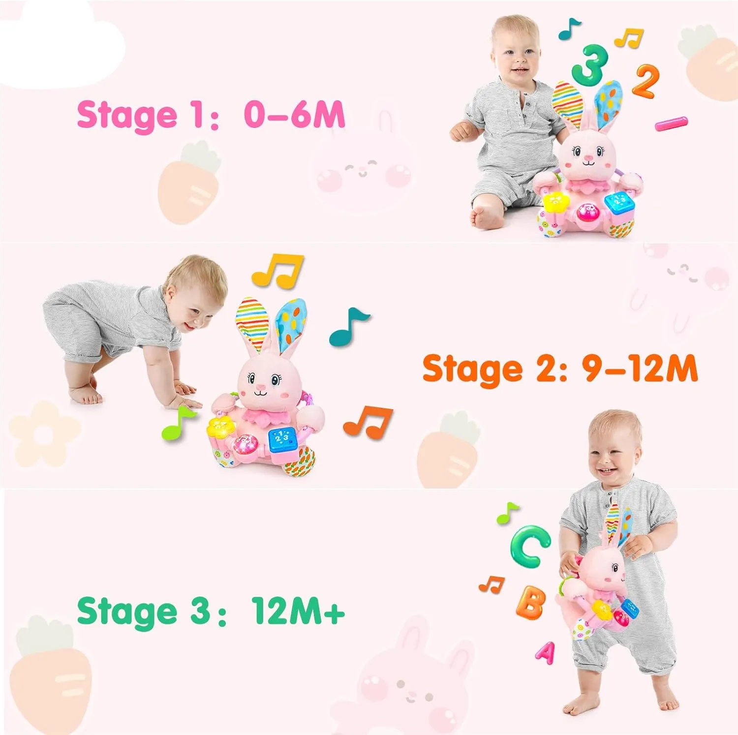 Baby Bilingual Musical Rabbit Stuffed Animals Toys,Infant Early Learning Toy with Light-Up Music & Crinkle,Tummy Time Toys for 0 3 6 9 12  Months for Baby Boy Girl Gift,Pink