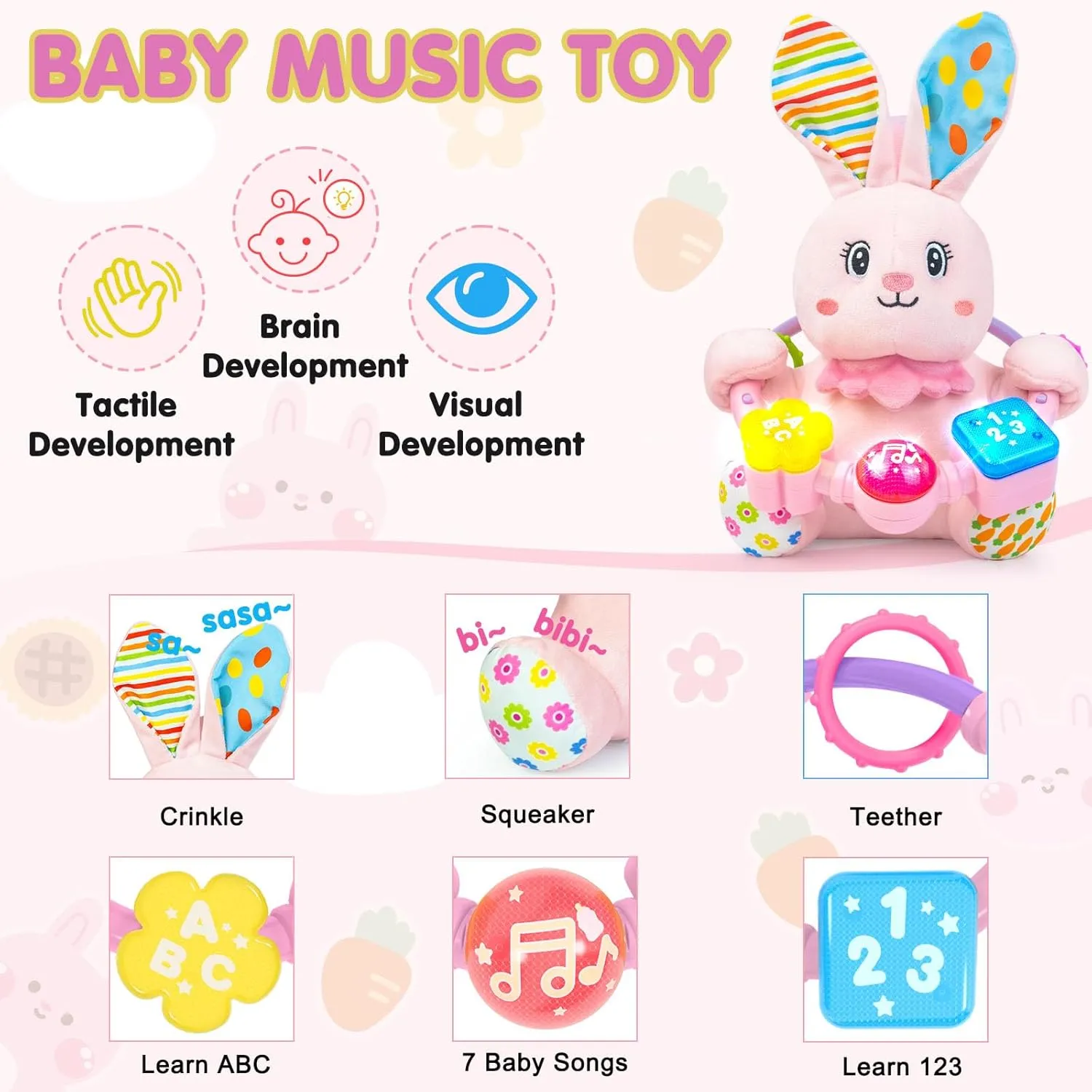 Baby Bilingual Musical Rabbit Stuffed Animals Toys,Infant Early Learning Toy with Light-Up Music & Crinkle,Tummy Time Toys for 0 3 6 9 12  Months for Baby Boy Girl Gift,Pink