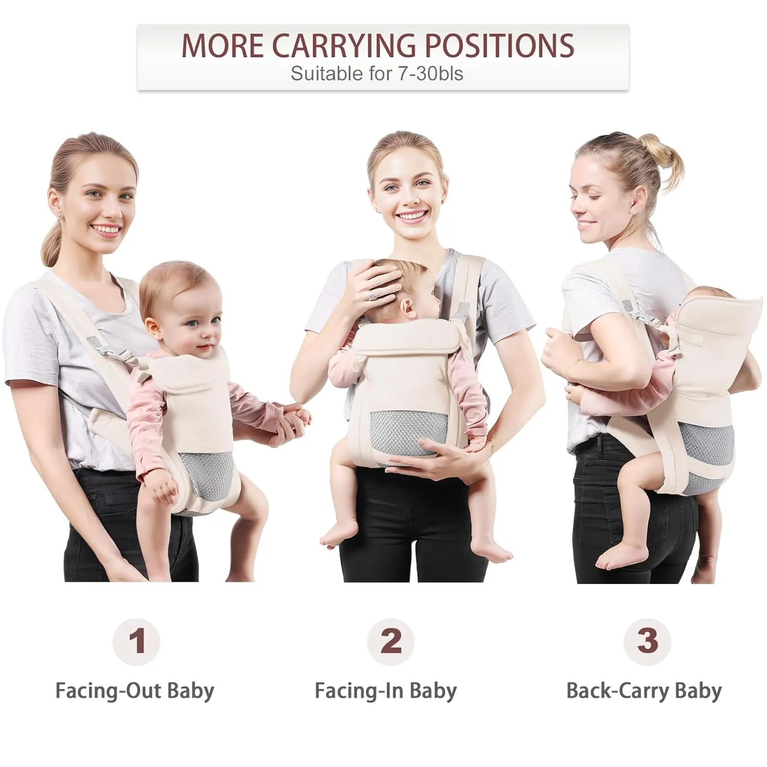 Baby Carrier Newborn to Toddler(7-30lbs), Toddler Carrier with Adjustable Shoulder Strap, Baby Holder Carrier with Breathable Mesh Fabric, Beige