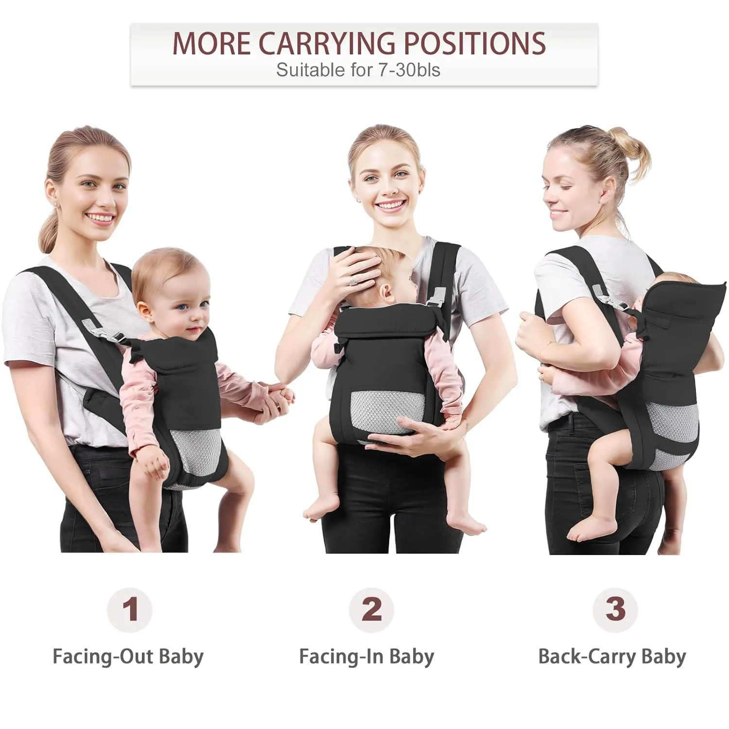 Baby Carrier Newborn to Toddler(7-30lbs), Toddler Carrier with Adjustable Shoulder Strap, Baby Holder Carrier with Breathable Mesh Fabric, Black