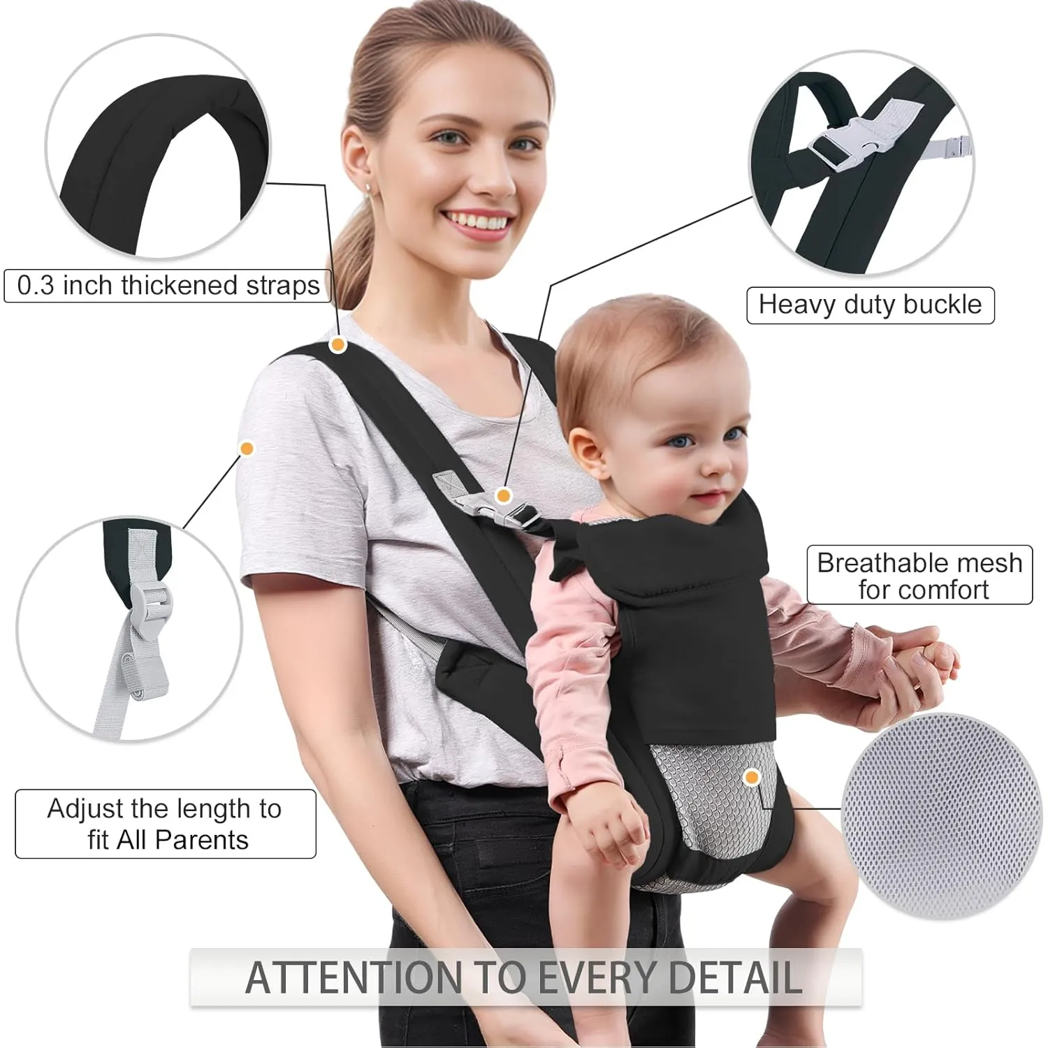 Baby Carrier Newborn to Toddler(7-30lbs), Toddler Carrier with Adjustable Shoulder Strap, Baby Holder Carrier with Breathable Mesh Fabric, Black