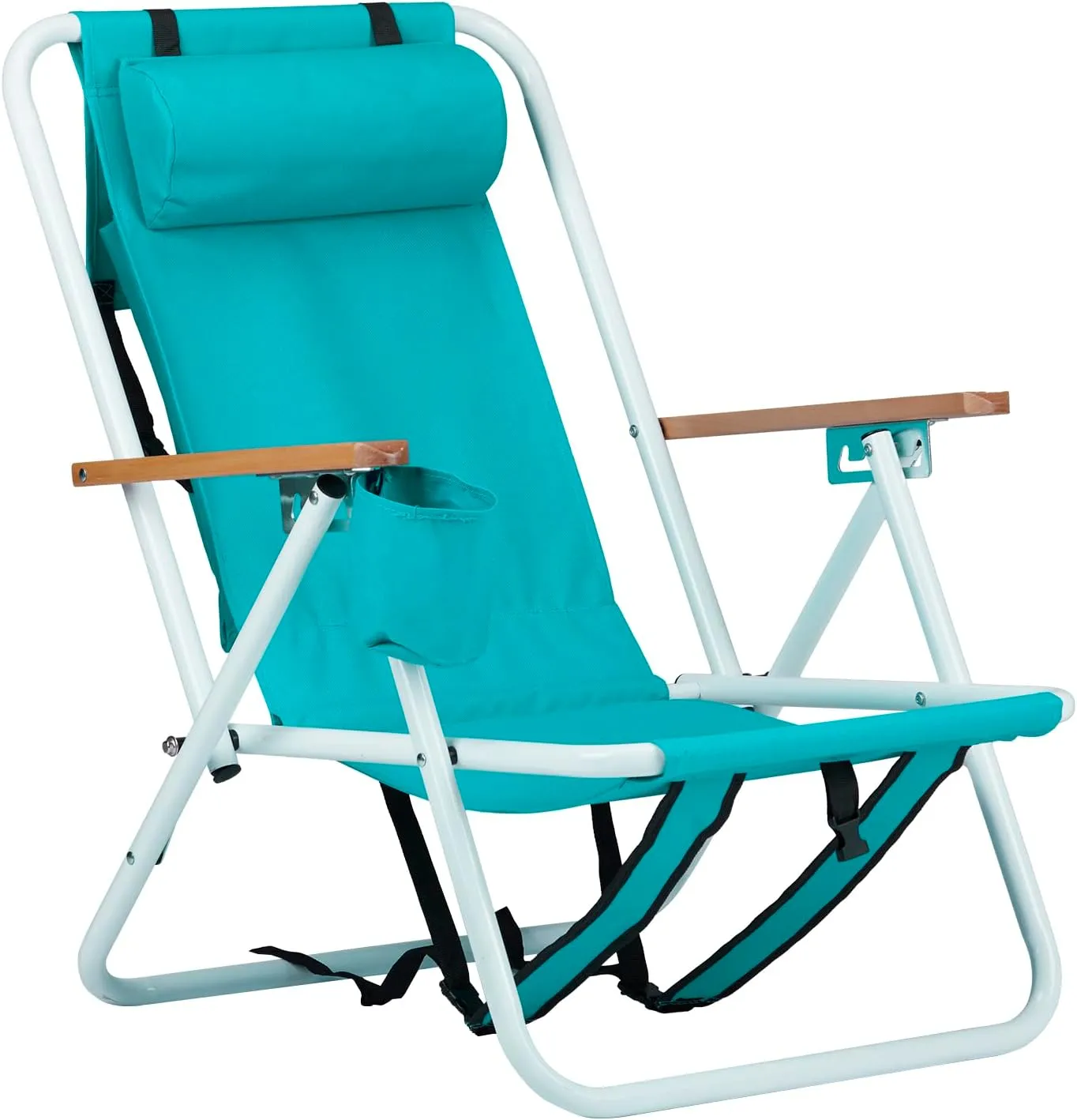 Backpack Beach Chairs for Adults,Folding Beach Chair, Folding Heavy Duty Camping Chair,4 Position Portable Backpack Foldable Camping Chair with Headrest Cup Holder and Wooden Armrests, Green